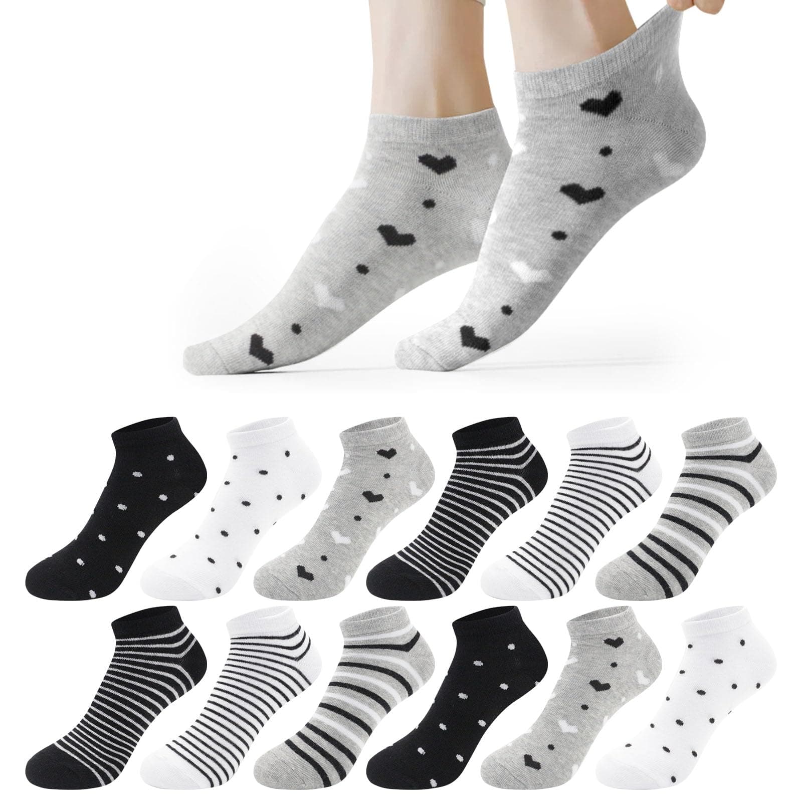 Libella 12 Paia Calzini Donna Cotone Corti 35-38 39-42 Sportive Calze Corte Donna Colorate con Strisce a Pois Morbido da Tempo Libero, Sport, Fitness