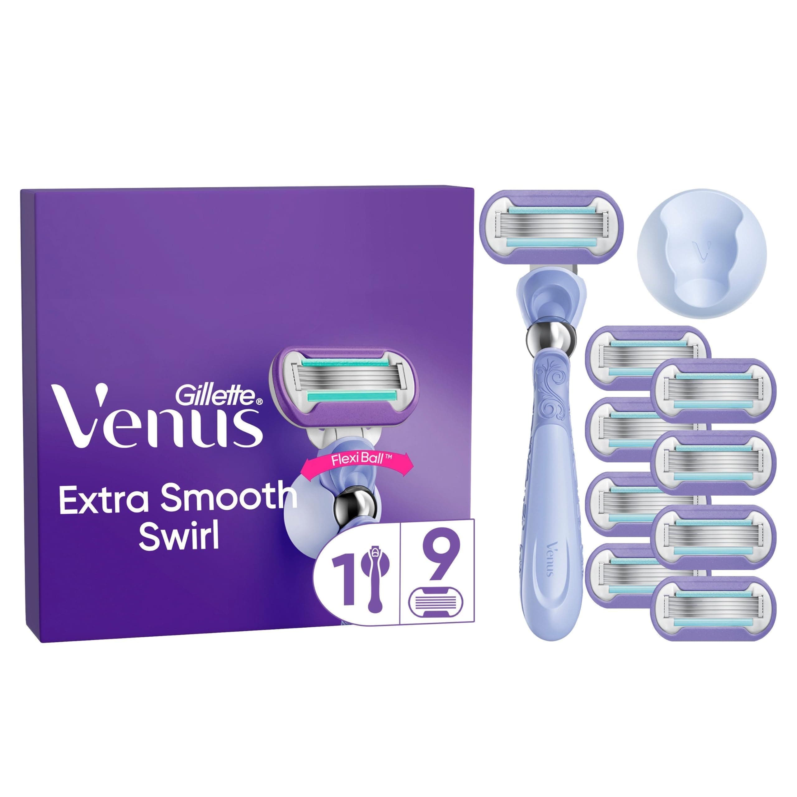 Gillette Venus Extra Smooth Swirl Damenrasierer, 9 Ersatzklingen, Schwenkbares Handstück und Duschhalterung