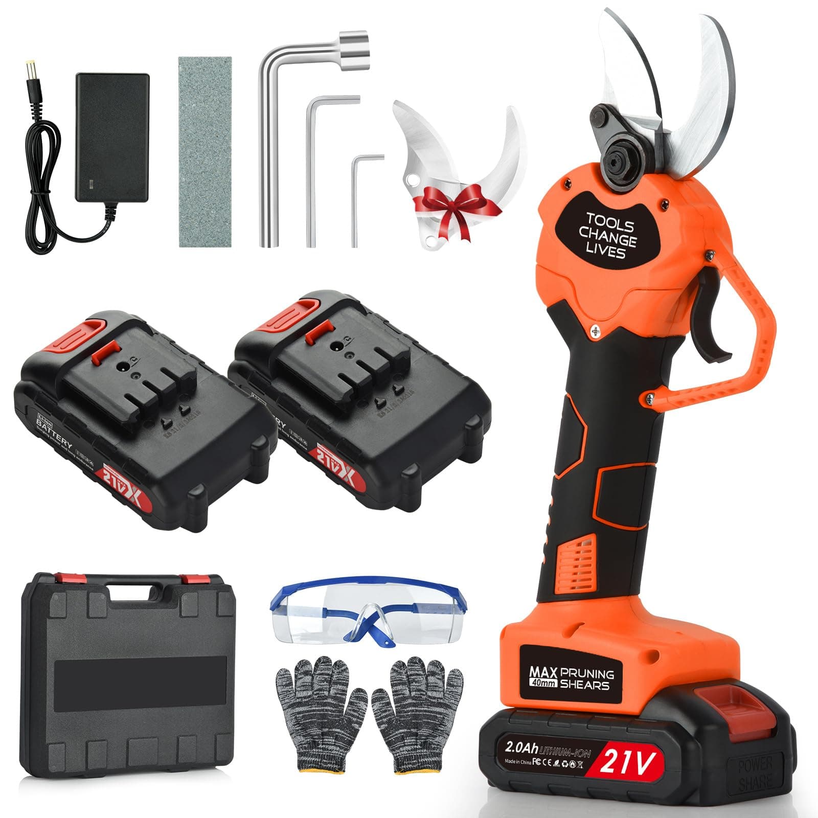 Tijeras de podar eléctricas - Tijeras de podar eléctricas profesionales de 40 mm con 2 baterías de 21 V / 2000 mAh - Tijeras de podar inalámbricas para jardinería Vides Árbol frutal (1)
