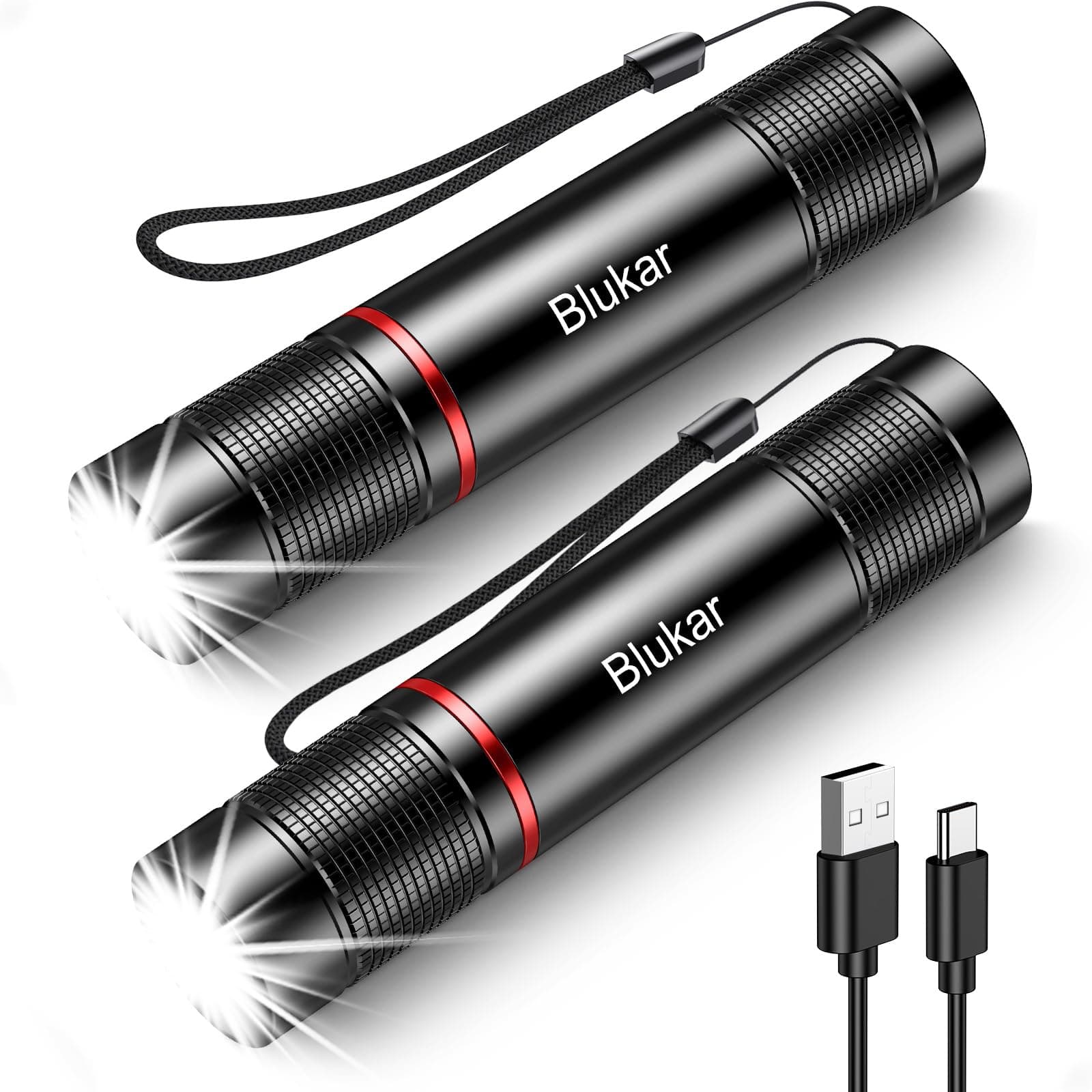 Blukar Linterna LED Recargable, [2 PACK] Brillante Alta Potencia Linterna de Aluminio con 4 Modos, Enfoque Ajustable - Portátil Flashlight Led para Ciclismo, Camping, Montañismo