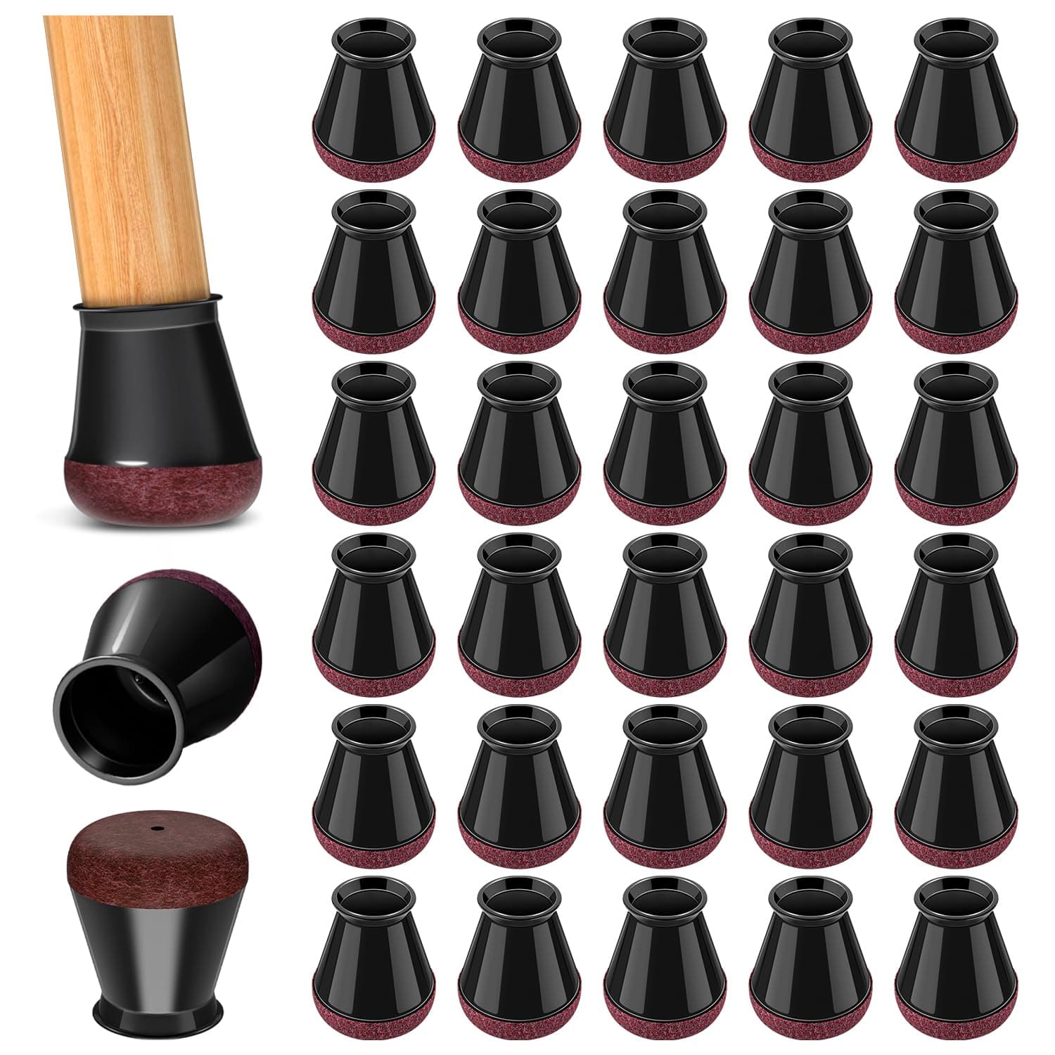 PISAO 32 Pezzi Nero Gommini per Sedie Rotondi(S Fit: 14-20mm) | PISAO Tappi per Sedie in Silicone con Feltrini, Protezione per Pavimenti, Scorrimento Fluido, Riduzione del Rumore