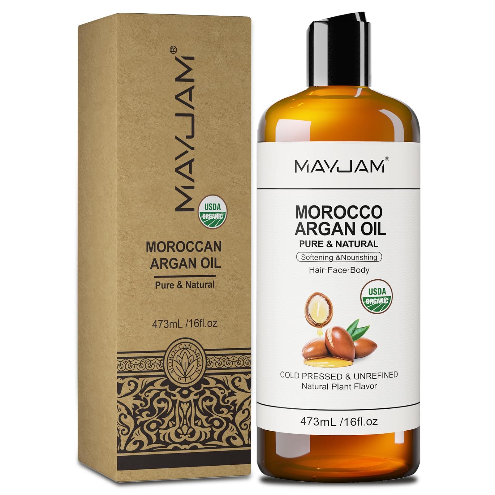 MAYJAM Huile d’Argan Bio 473ML, Huiles Capillaires Argan Pressée à Froid Pure Naturelle, Huile de Soin Pour Visage, Peau, Cheveux, Hydratante & Anti-Âge, Moroccan Argan Oil