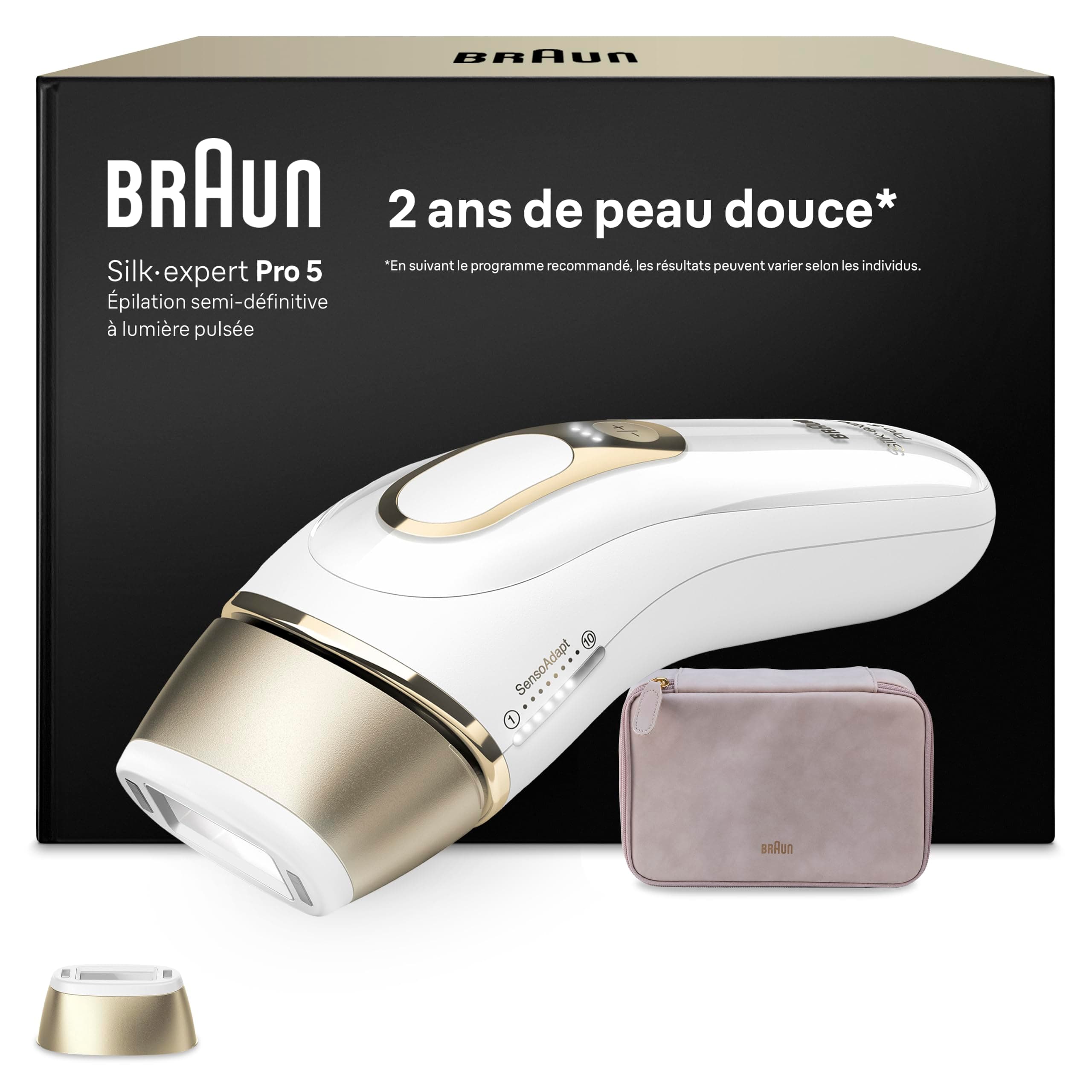 Braun Epilateur Lumiere Pulsee Silk·expert Pro 5 PL5100, Blanc et Or – Alternative au Laser à Domicile, Filaire, avec Pochette, 1 Tête