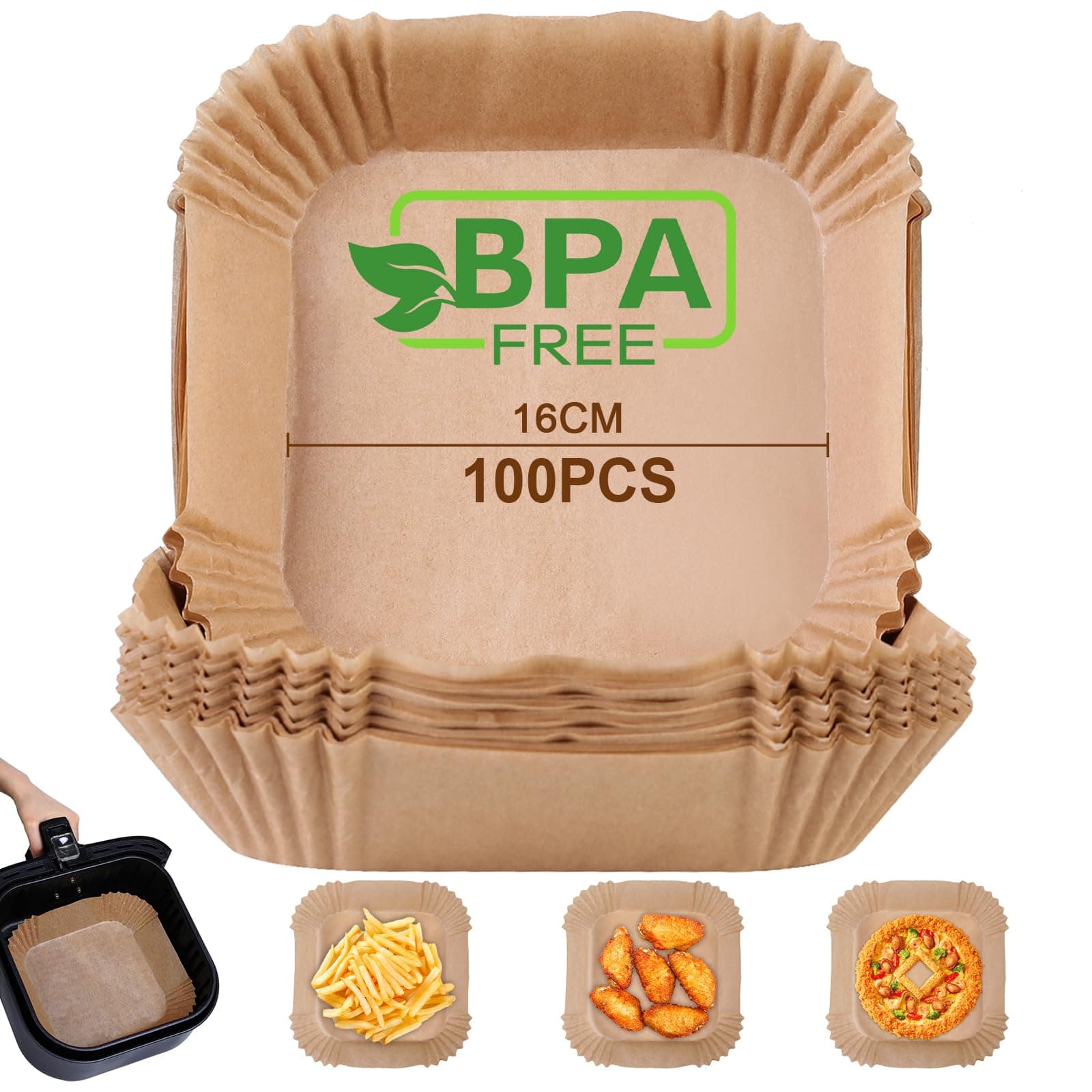 AiQInu Papel Freidora Aire Cuadrado, 100 Piezas 16-20 cm Food-Grade BPA free Papel Pergamino Desechable, Papel Horno de Aceite Antiadherente para 3-4.5L Freidora de Aire y Microondas