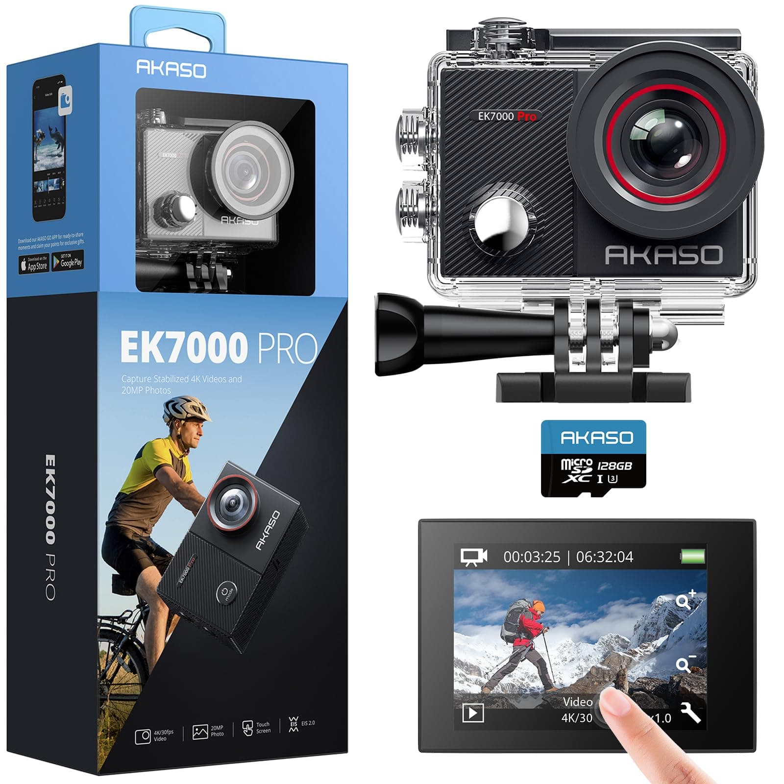 AKASO EK7000 Pro - Cámara Deportiva 4K con Tarjeta microSDXC 128GB, 20MP WiFi cámara de acción con Pantalla táctil, EIS estabilizador, Control Remoto, 170°, ángulo Ajustable, Impermeable 40M