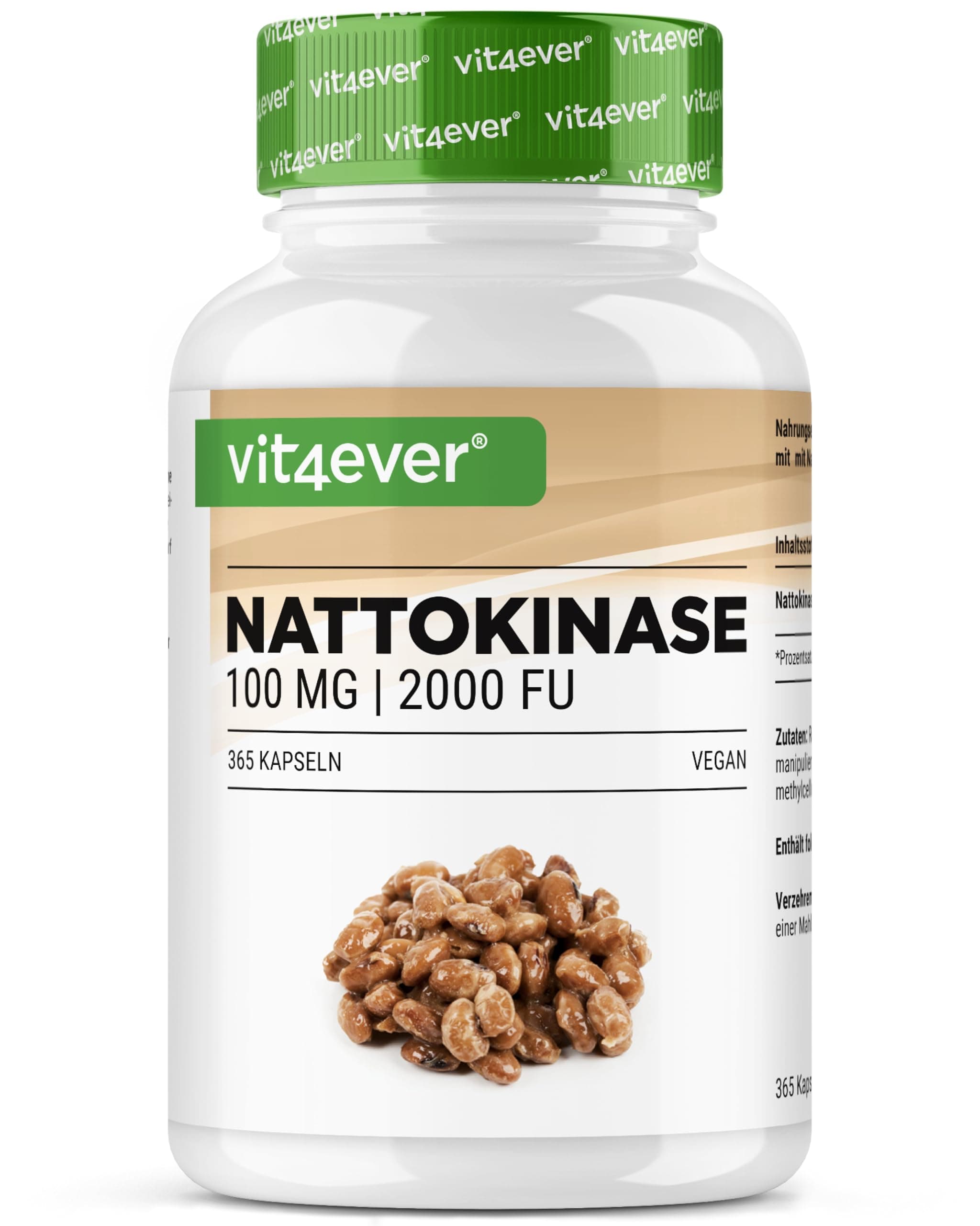 vit4ever Nattokinase - 365 Kapseln à 100 mg (20.000 FU/g) - 12 Monatsvorrat - Hochdosiert - Vegan - GMO-frei - Ohne unerwünschte Zusätze