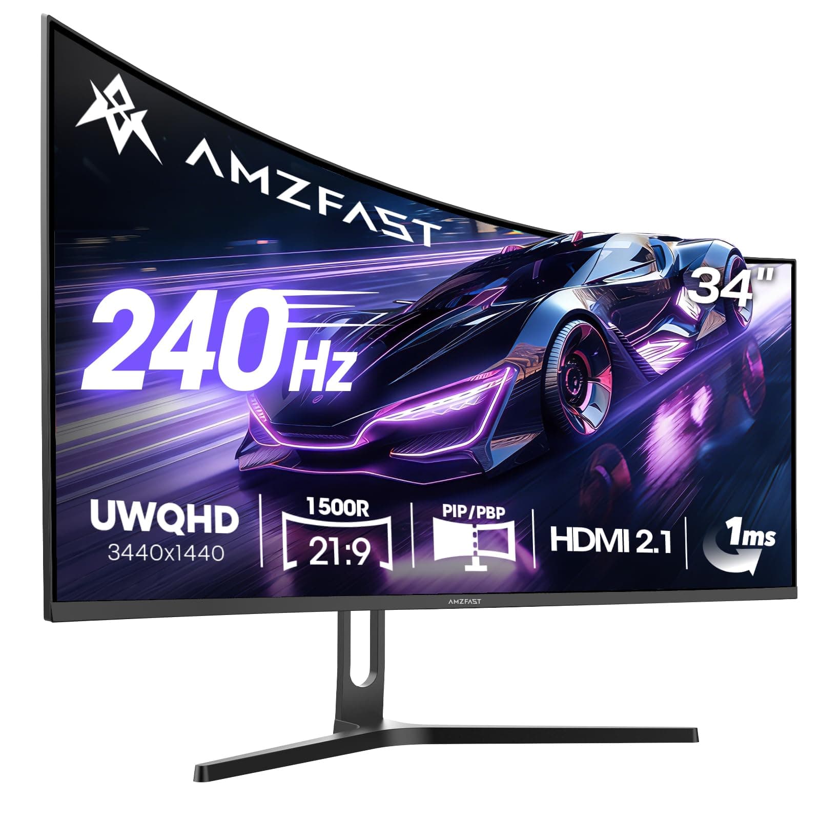 Amzfast Ecran Pc Gamer Incurvé 34 Pouces, 240Hz, UWQHD 3440x1440 (21:9), 1 ms MPRT, Eyes Care, sRGB 130%, Adaptive Sync, HDR, HDMI 2.1 * 2, DP 1.4 * 2, VESA 75x75, PIP/PBP, AMZG34C5QPro