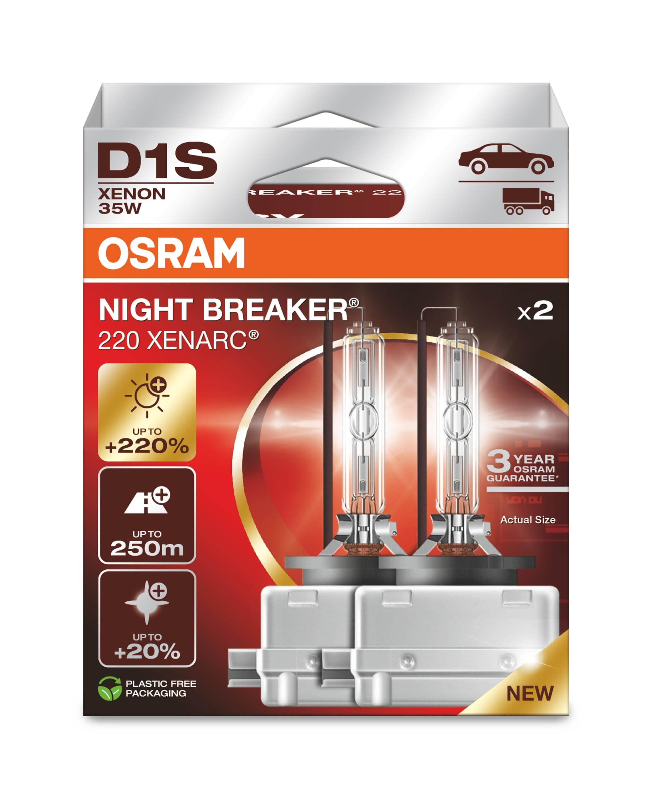 OSRAM XENARC NIGHT BREAKER 220, D1S, +220% más brillo, lámpara de faro de xenón, 66140XN2-2HB, Caja plegable (2 lámparas)