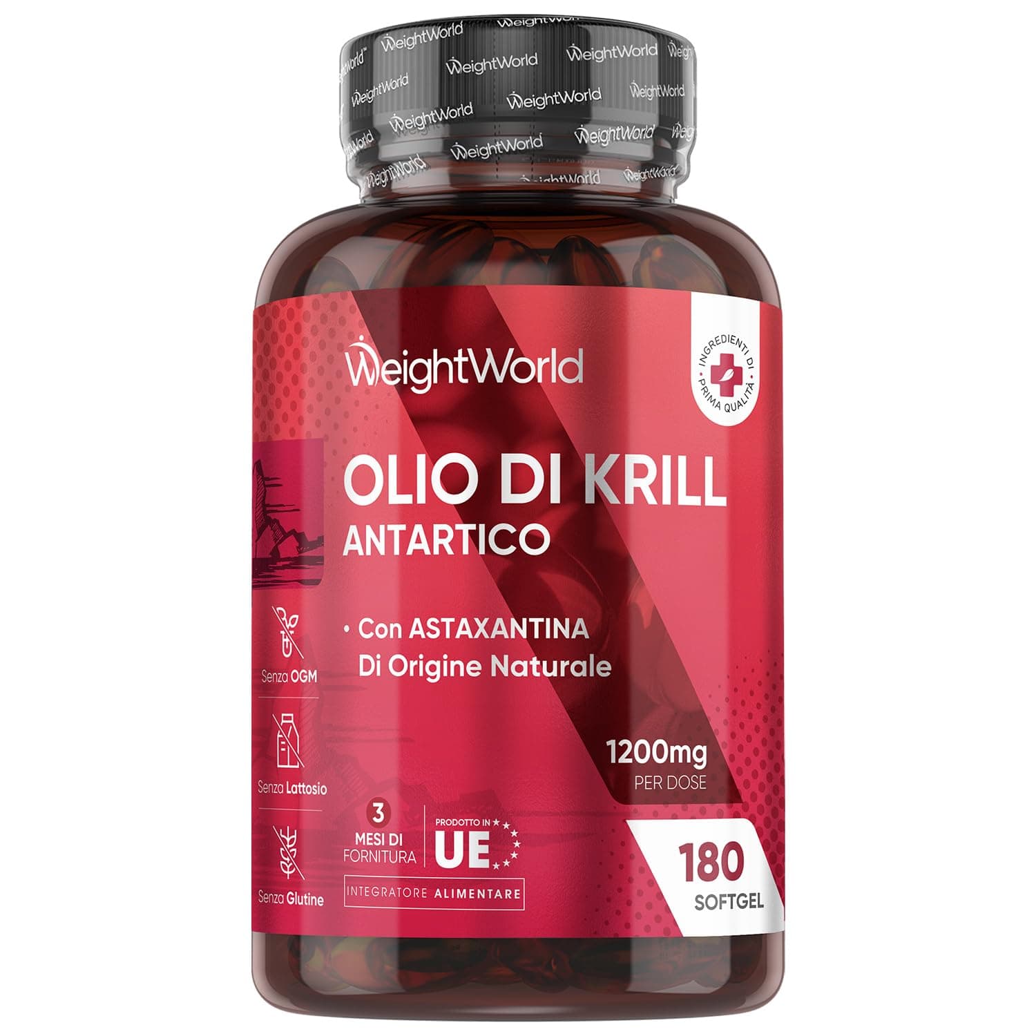 Olio di Krill con Astaxantina e Colina, 180 Capsule Softgel (3 Mesi di Fornitura), Omega 3 Krill Antartico 1200mg, Omega 3 EPA DHA, Fosfolipidi Marini 180mg, da Fish Oil, Astaxanthin, Senza Glutine