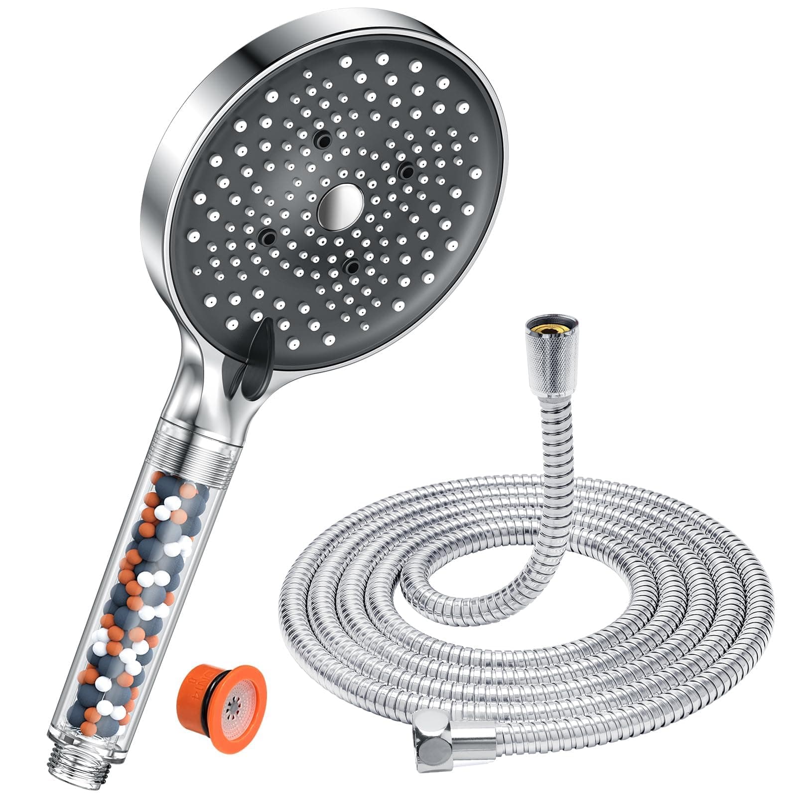 Soffione Doccia con Tubo 1,6M, YEAUPE PRO Soffione doccia con anticalcare con 6 tipi di getto, alta pressione risparmio idrico, doccino per doccia grande (130 mm), cromato
