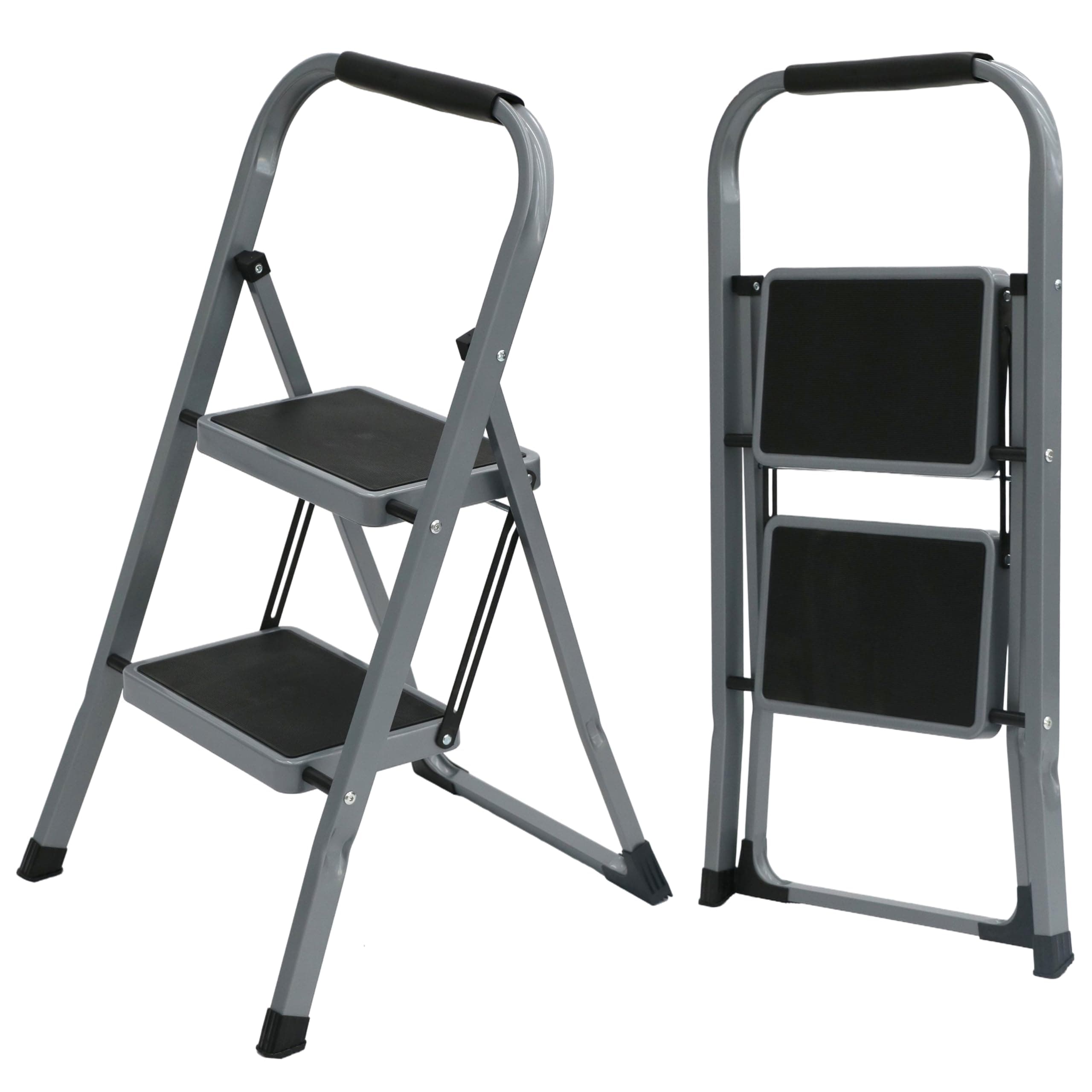 UZIRO Escalera Plegable 2 Peldaños -Estructura de Acero y Peldaño Antideslizante - Asa Superior de Goma - Escaleras Plegables Domésticas - Step Ladder para Hogar (Gris, 2 Pedaños)