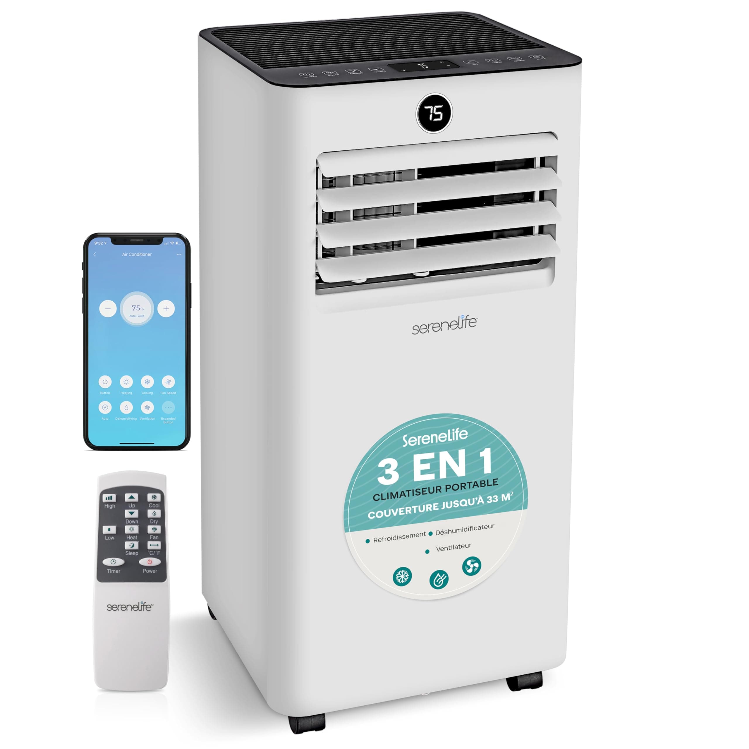SereneLife Climatiseur Mobile 7000 BTU avec Évacuation – Climatisation Portable WiFi 3 en 1 Silencieuse avec Déshumidificateur, Ventilateur et Kit Fenêtre
