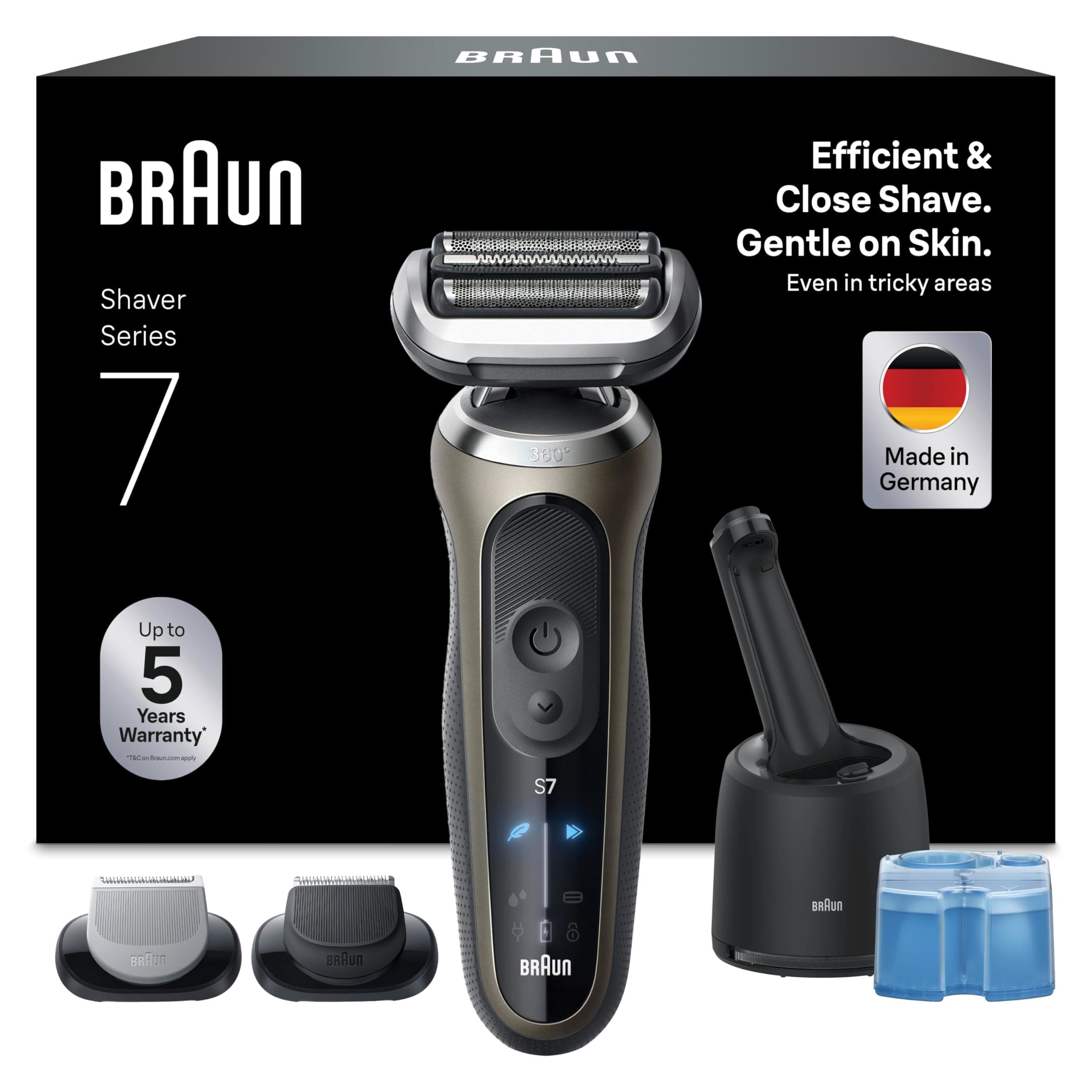 Braun Series 7 Rasierer Herren Elektrisch, Elektrorasierer, 60 Min. Akku, 4in1 SmartCare Center, +2 Aufsätze, Kabelloser Nass- & Trockenrasierer Männer, Wasserdicht, Made in Germany, 72-C7650cc, Gold
