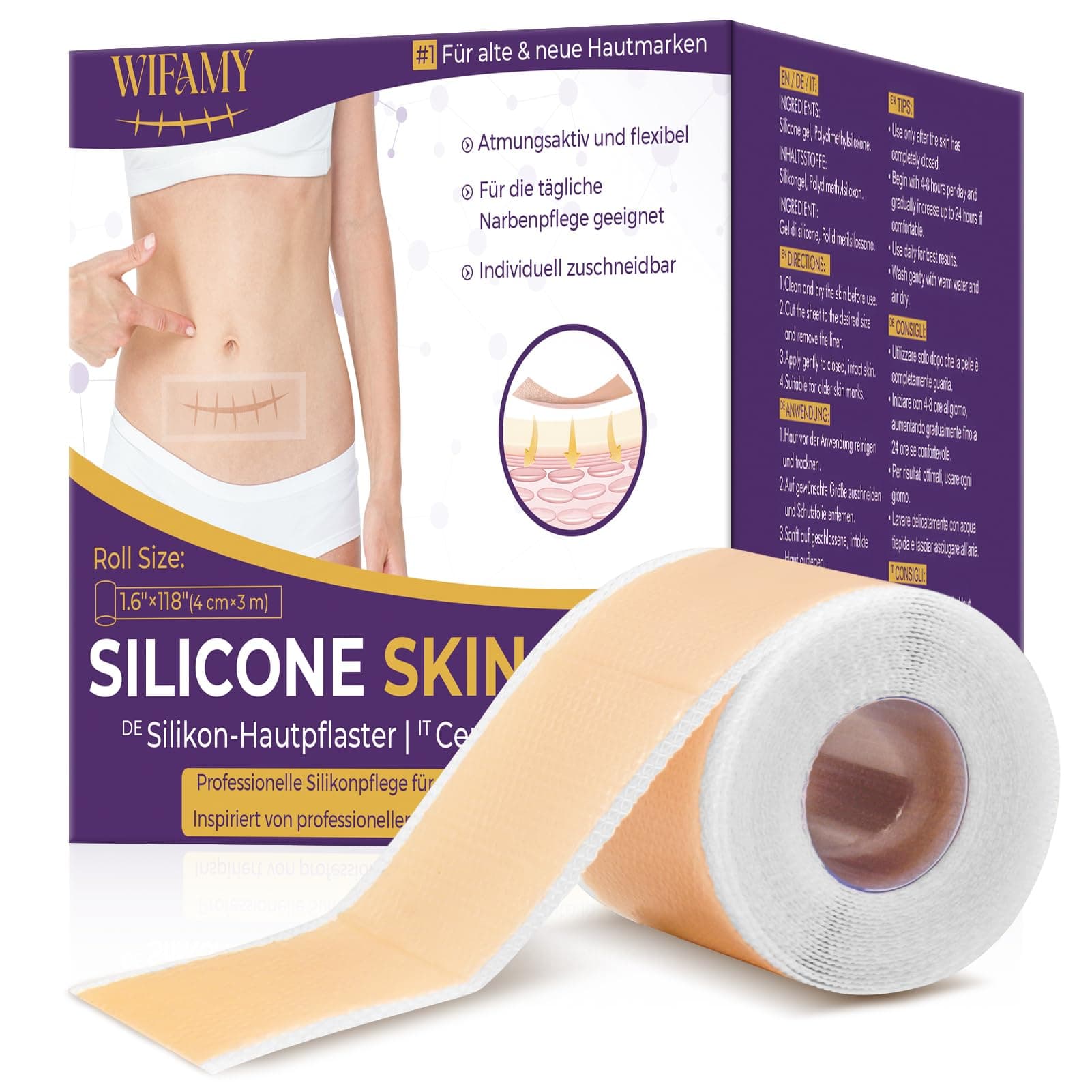 Pansement Silicone Cicatrice Réutilisable Couleur Chair, Bande Silicone Cicatrice Découpable et Imperméable, Silicone Scar Sheets pour Cicatrices de Césarienne, Chirurgie et Brûlures (4 cm x 300 cm)