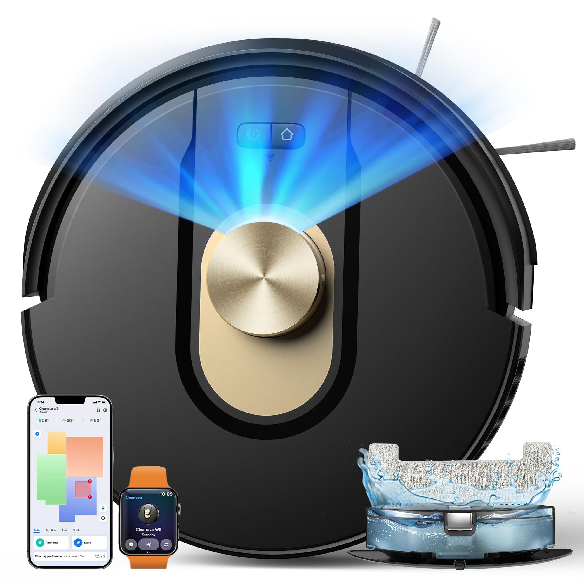 Vexilar Cleanova W9 Robot Aspirateur Laveur, 8000Pa/150Min Aspirateur Robot, Navigation LiDAR avec Cartographie, Zones Virtuelles, Alexa/APP, Idéal pour Les Sols,Tapis Poils d'animaux