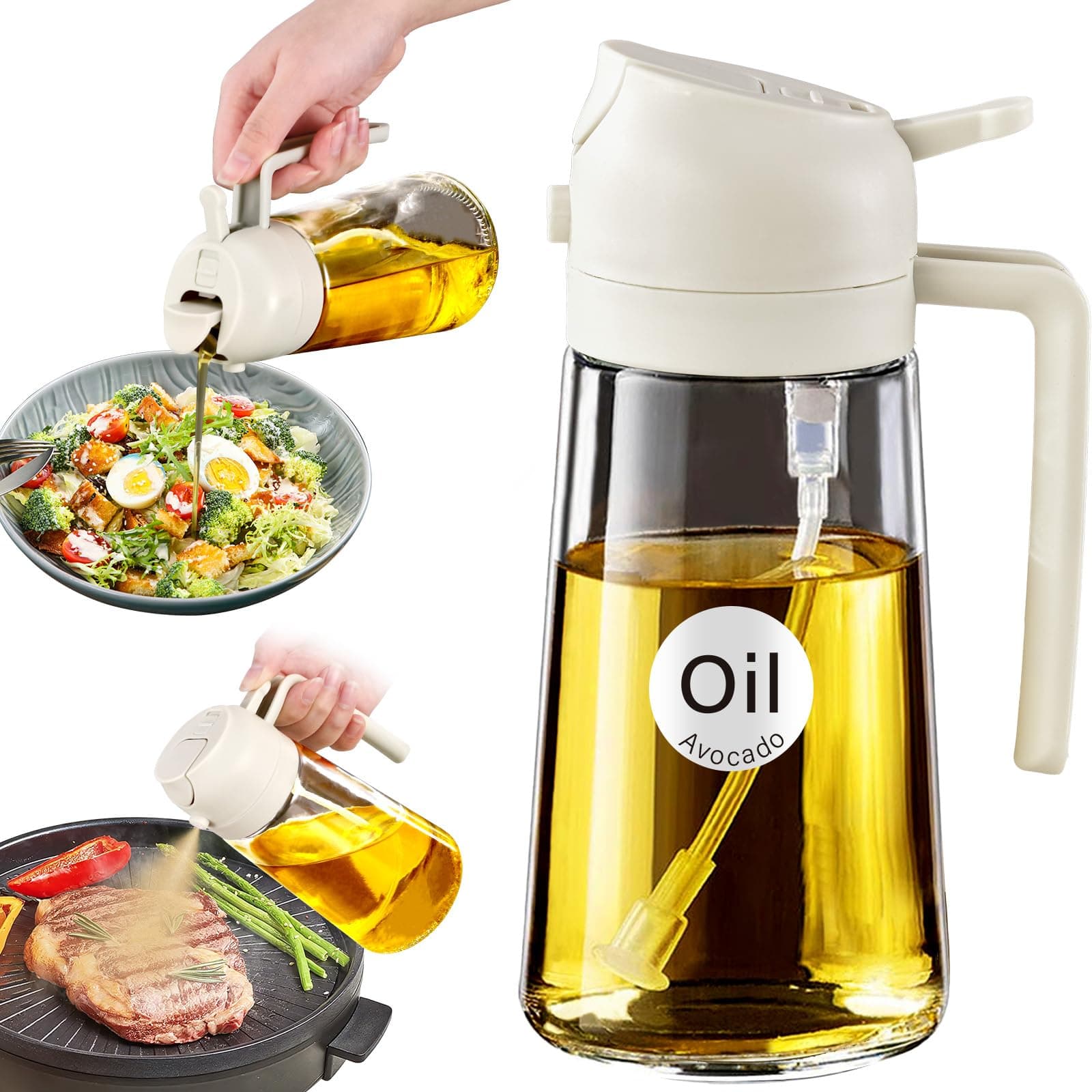 YARRAMATE Pulverizador de Aceite para Cocinar, Botella Dispensadora de Aceite de Oliva 2 en 1 para Cocina, Botella de Aceite de Vidrio de 16 oz/470 ml para Freidora de Aire, Barbacoa (Blanco Cremoso)