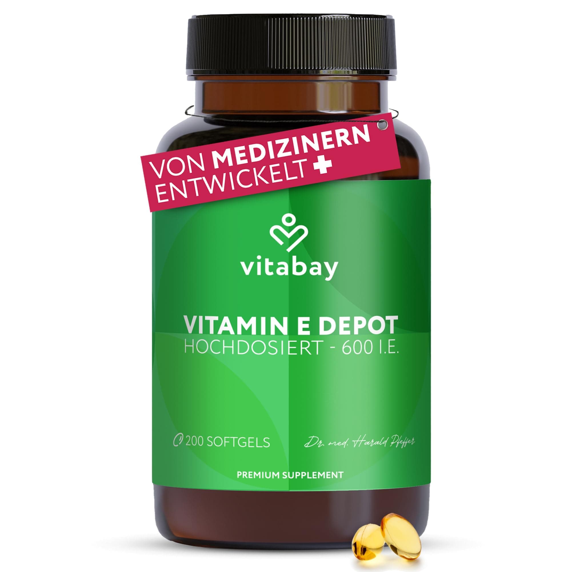 Vitabay Vitamin E 600 I.E. Depot – 200 vegane Softgel Kapseln – natürliches D-Alpha-Tocopherol – hochdosiert – schützt die Zellen vor oxidativem Stress – laborgeprüft – 12 Monate Vorrat