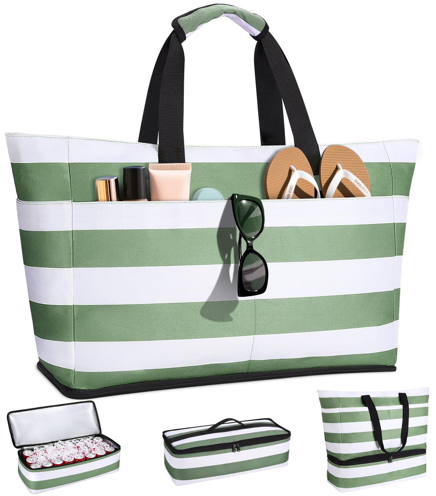 CIRYCASE Bolso Playa Mujer con Nevera 2 en 1, Impermeable & Plegable Bolsa Viaje XXL Familiar, Beach Bag 54L Extra Grande con Cremallera y 9 Bolsillos para Piscina/Picnic/Gimnasio/Compra Esenciales