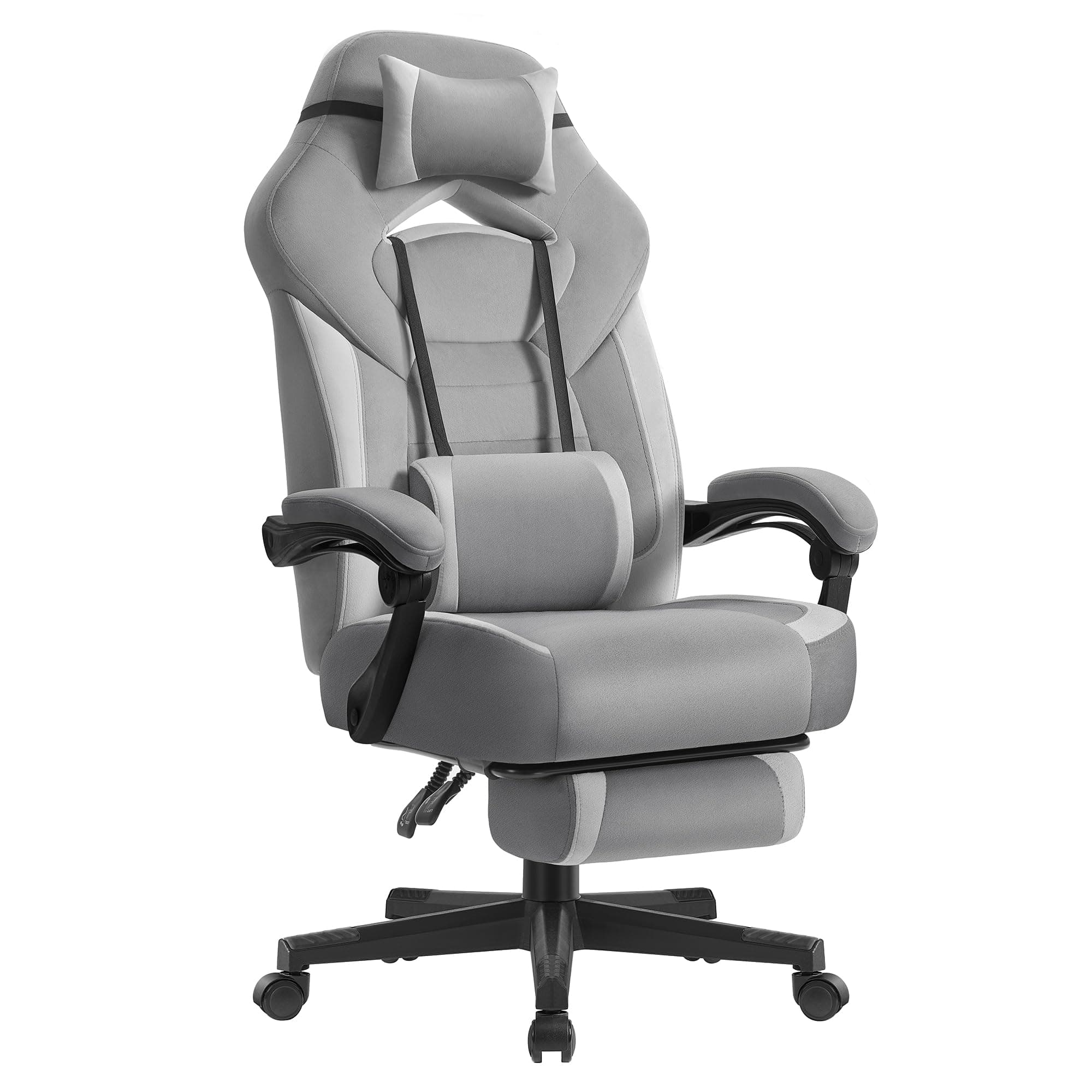 SONGMICS Silla Gaming, Silla de Oficina, Ordenador, Diseño Ergonómico, con Reposapiés, Reposacabezas Ajustable, Cojín Lumbar, Capacidad de Carga 150 kg, Gris Pizarra y Gris Paloma OBG077G02