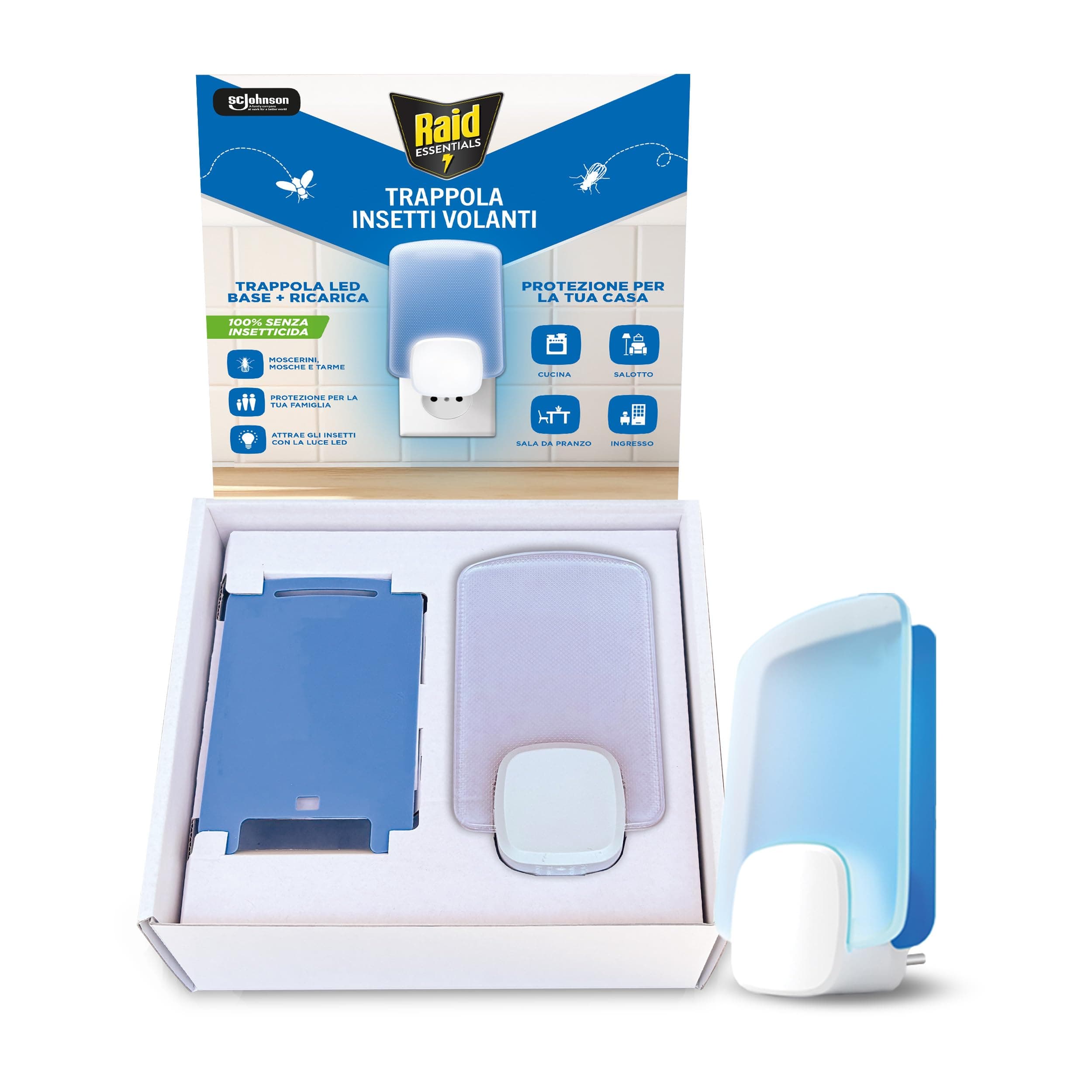 Raid Essentials Trappola Insetti Volanti Base Antimosche, Antimoscerini e Antitarme, Senza Insetticida, Protezione 24/7 dagli Insetti Volanti, per uso Interno, 1 Trappola e 1 Ricarica