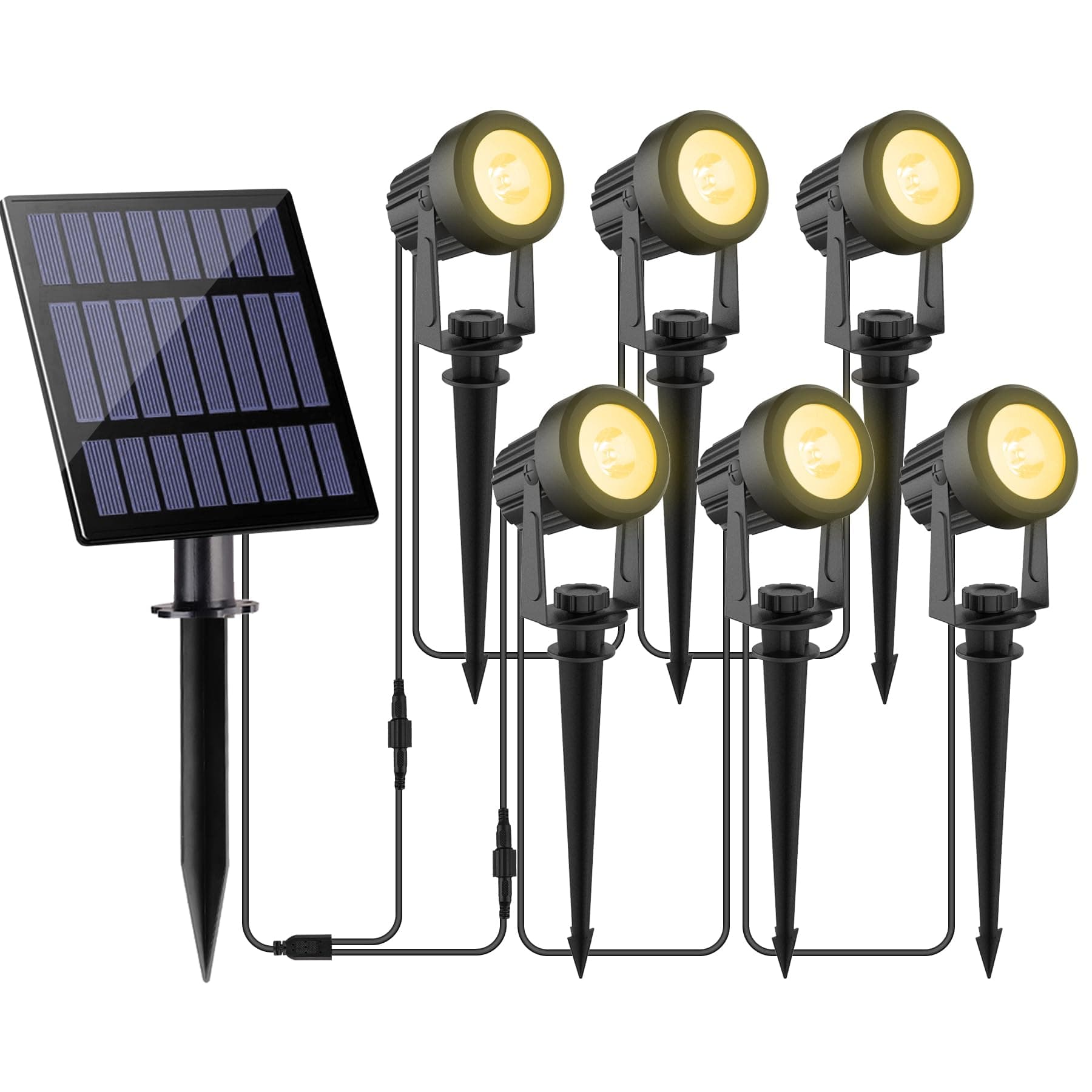 NATPOW Luces Solares LED Exterior Jardín, Foco Led Solar 6 en 1Lámparas Solares para Jardín al Aire Libre, IP65 Impermeable, 2 Niveles de Brillo Iluminación para Árboles, Patio, Caminos(3000K)