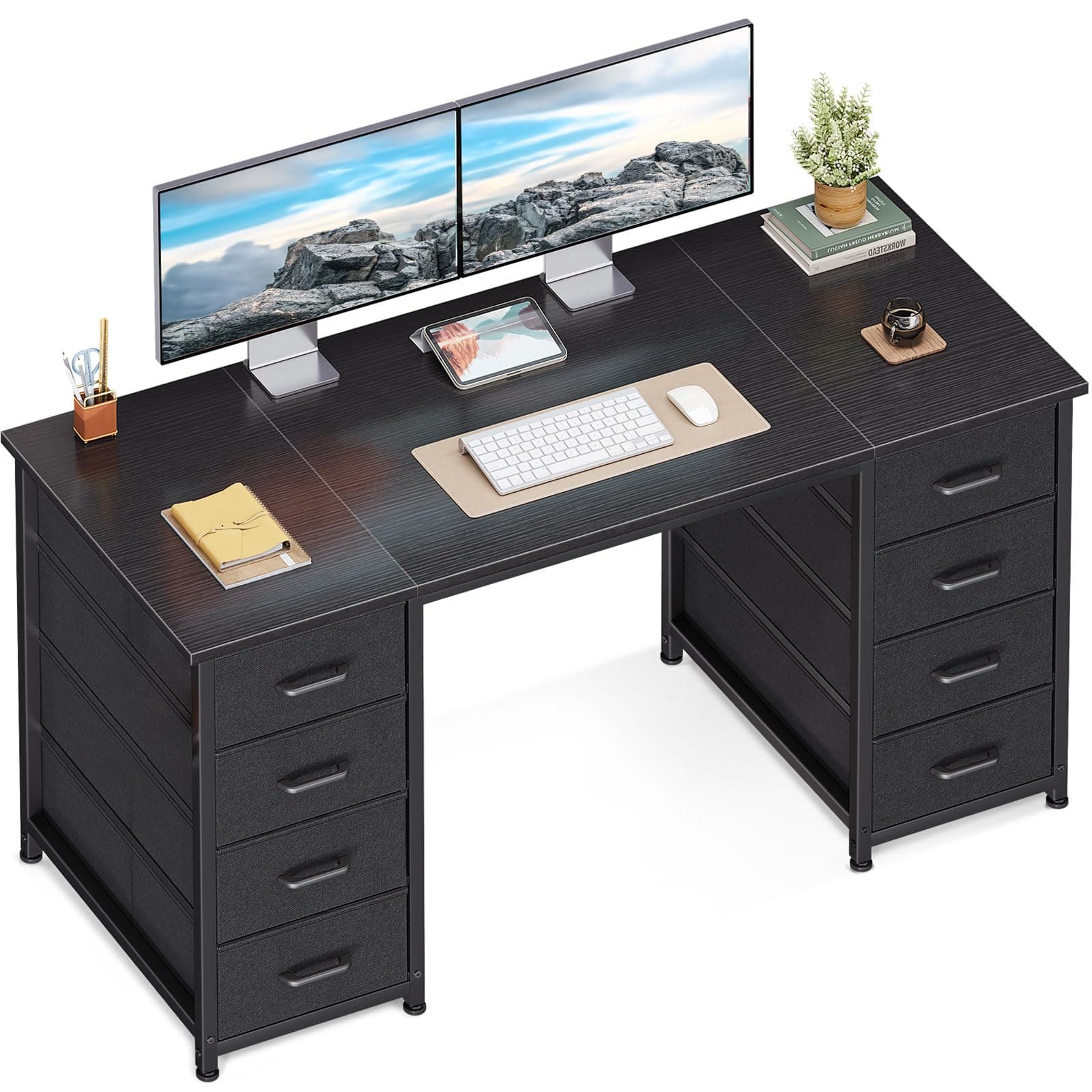 Coleshome Escritorio con 8 Cajones de Tela, 120x48cm Escritorio de Ordenador, Mesa Escritorio de Espacio Mesa de Oficina para Oficina, Estudio en Casa, Negro