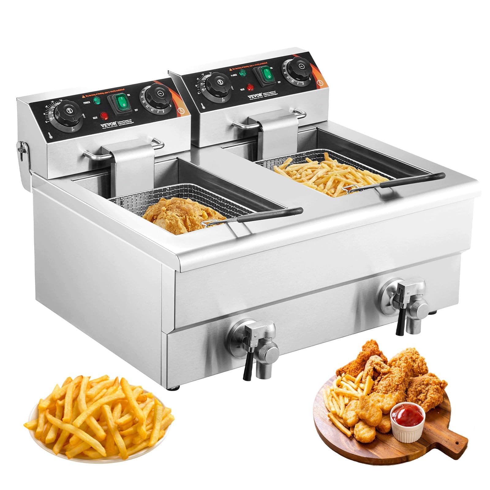VEVOR Friteuse Électrique Commerciale 11L x 2 Cuves 3000W x 2 Friteuse à Huile en Inox avec 2 Paniers à Frire Température et Temps Réglable 50-200°C pour Rondelles d’Oignon Poulet Frit Snack-Bars