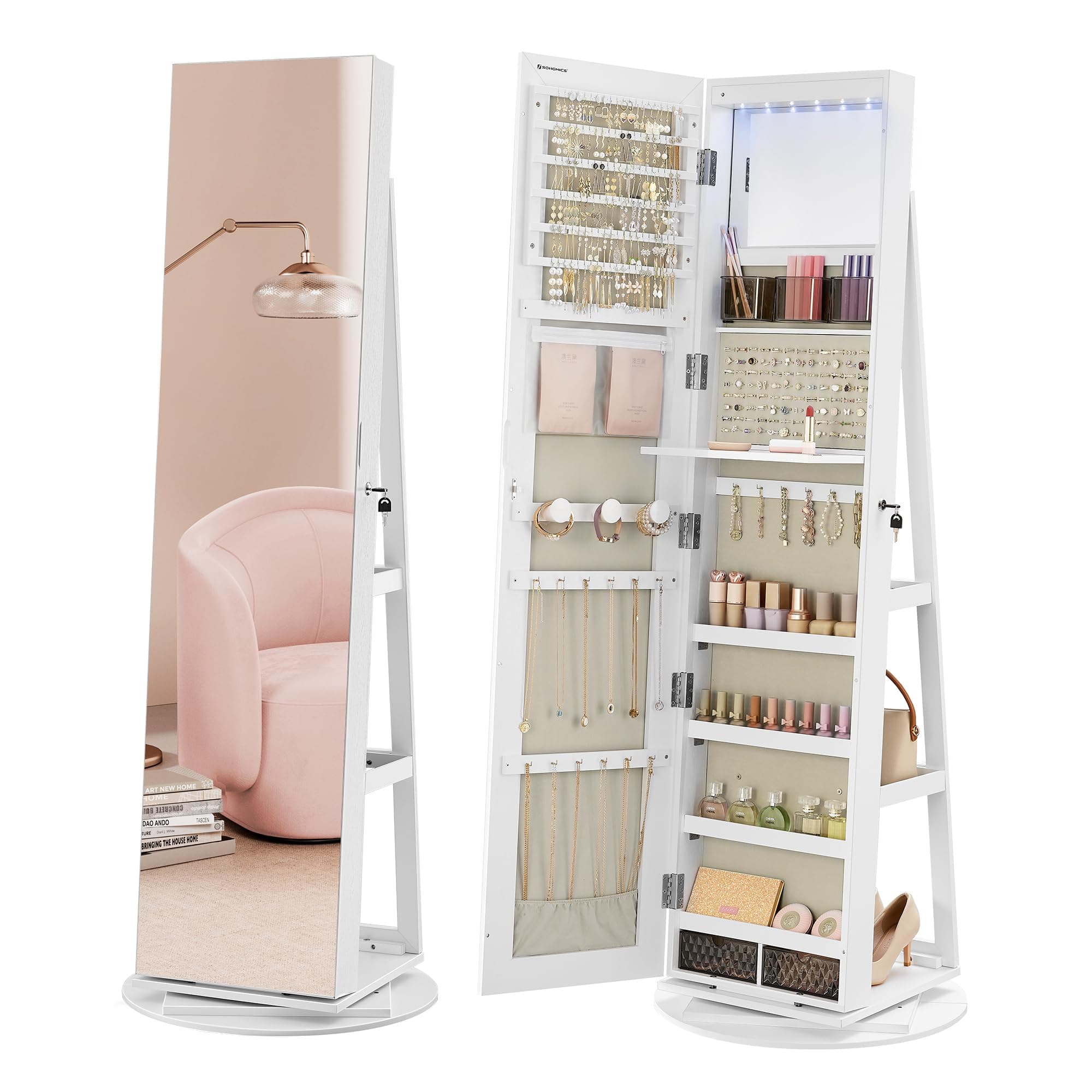 SONGMICS Schmuckschrank, Spiegelschrank, mit rahmenlosem Ganzkörperspiegel, 3 Ablagen, 360° drehbar, abschließbar, Oberfläche in Weiß, Innenfutter in Greige JJC007W02
