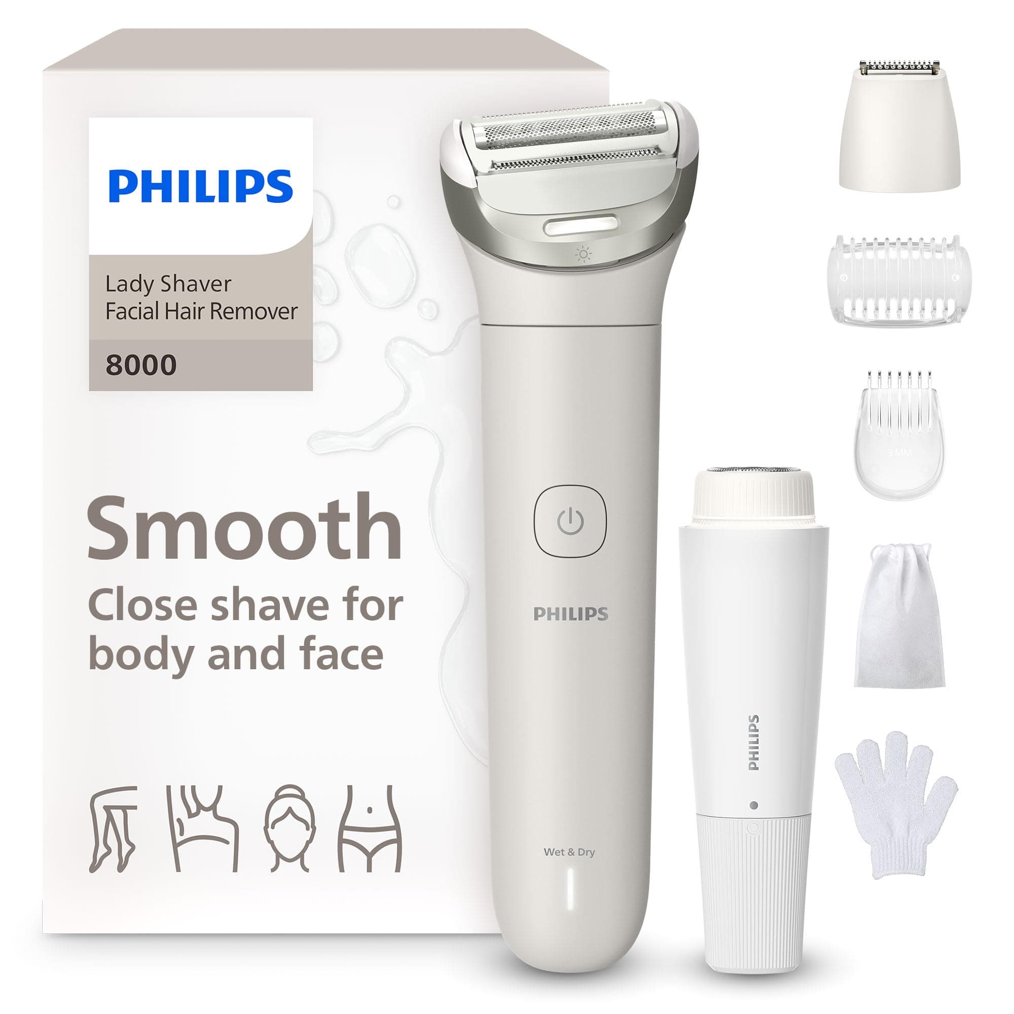 Philips Lady Shaver série 8000 – rasoir sans fil, sur peau sèche ou mouillée, système de rasage à 3 lames, tête flexible, visage, jambes, corps et maillot, autonomie 100 min, modèle BRL159/00