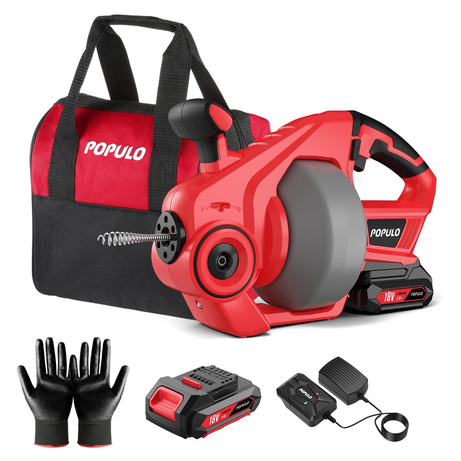 18V(20V MAX) Furet Déboucheur de Canalisation, Arbre Flexible de 7,6m Tarière de Vidange, Adapté au Diamètre du Tuyau de 19-76mm, Idéal pour le Drainage pour la Salle de Bain, l'Égouttement et l'Évier