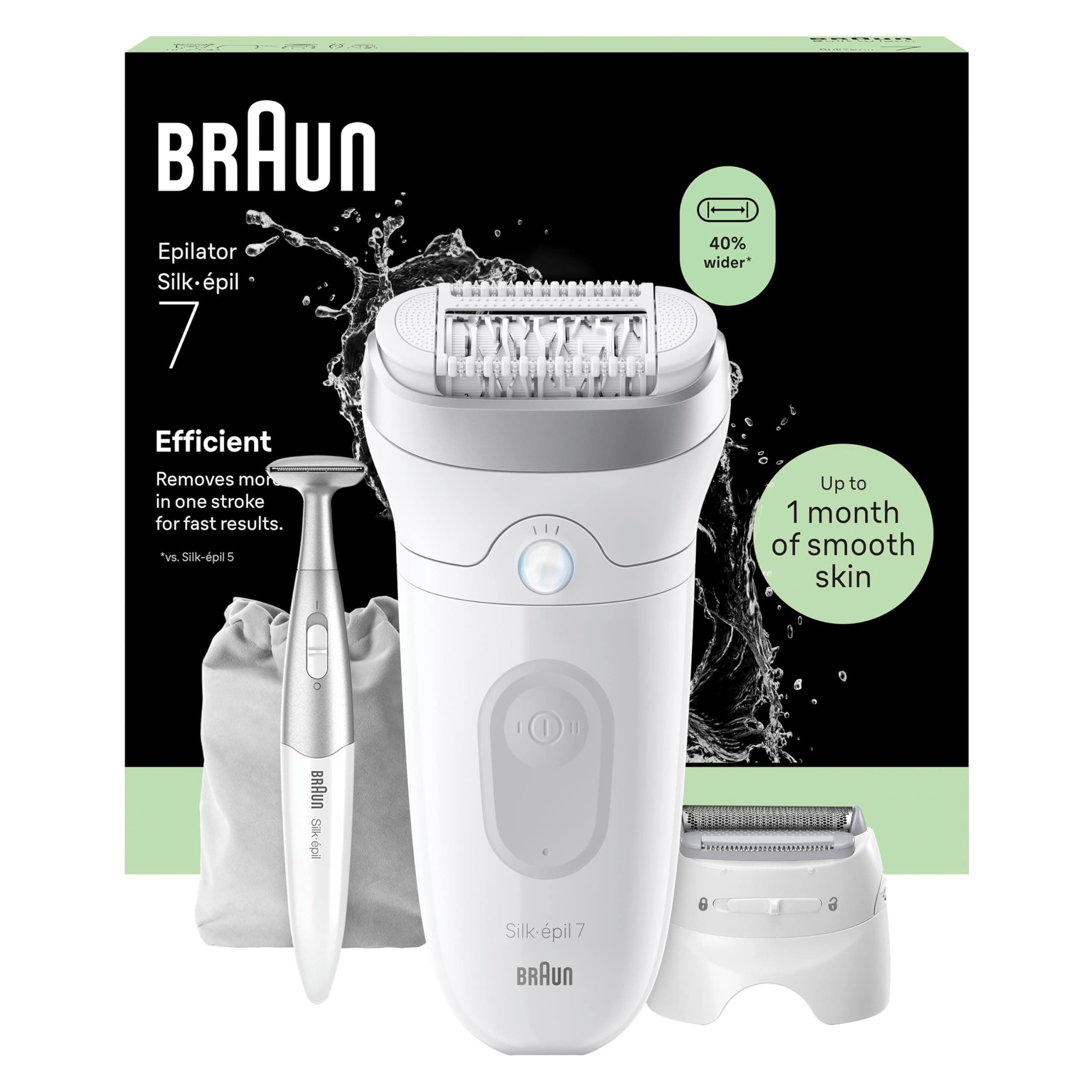 Braun Silk Epil 7 Epilatore Elettrico Donna Con Testina Ampia Per Una Facile Rimozione Dei Peli, Wet&Dry, Pelle Liscia, Include Testina Radente, Cappuccio Regolatore E Rifinitore Bikini, 7-241,Argento
