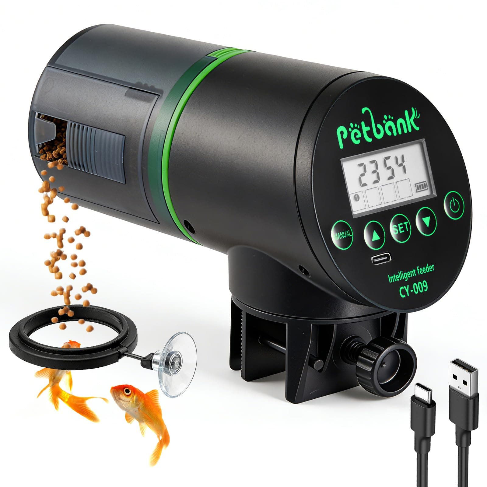 Petbank Mangiatoia Automatica Acquario - Timer Ricaricabile con Cavo di USB Charger, Mangiatoia Pesci con Display LCD, Dispenser Cibo Pesci Automatico, Nero