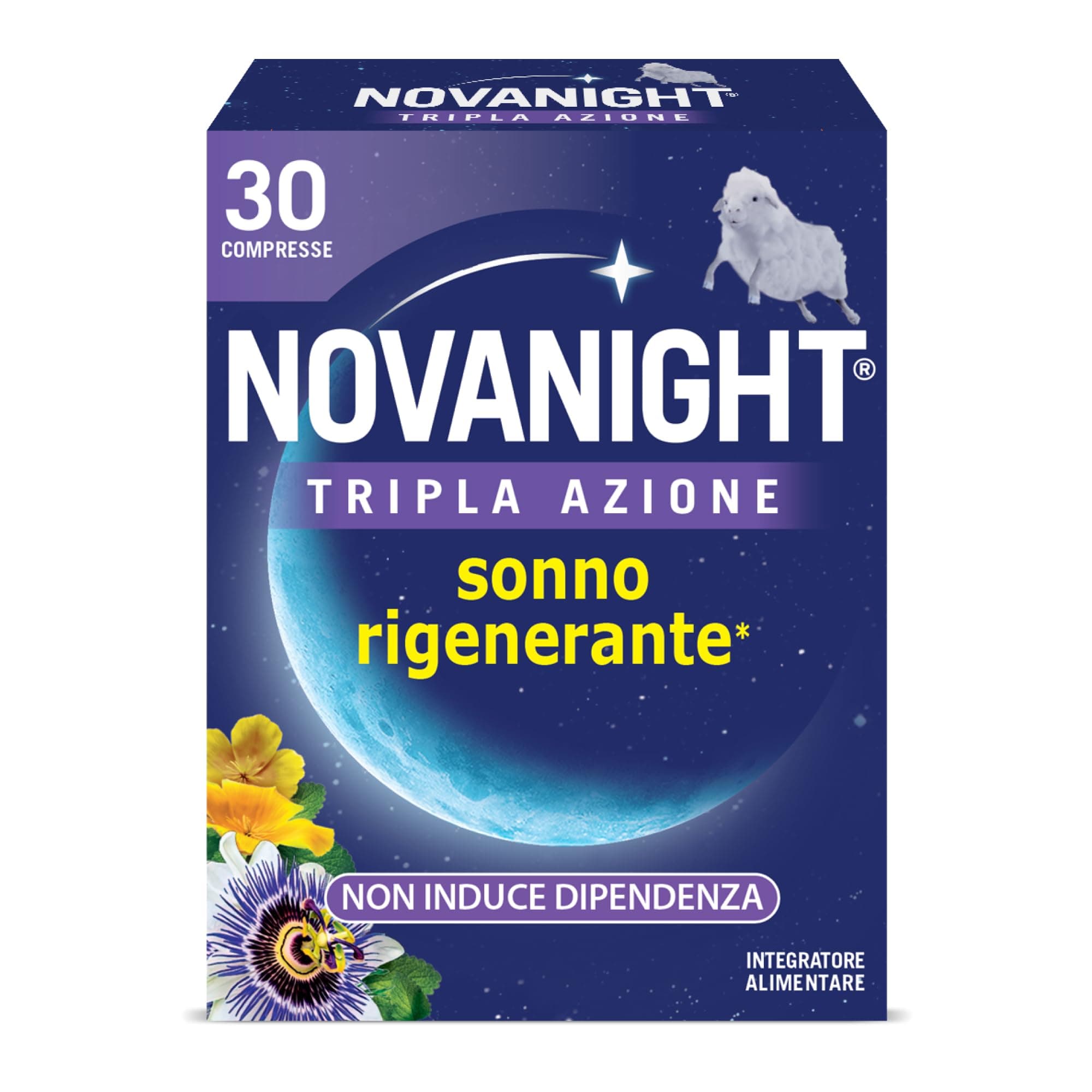 Novanight Tripla Azione Melatonina per Dormire, Integratori per Dormire, Disturbi del Sonno - Senza Glutine, con Melatonina, Escolzia, Passiflora, Melissa, Non Induce Dipendenza (30 Compresse)