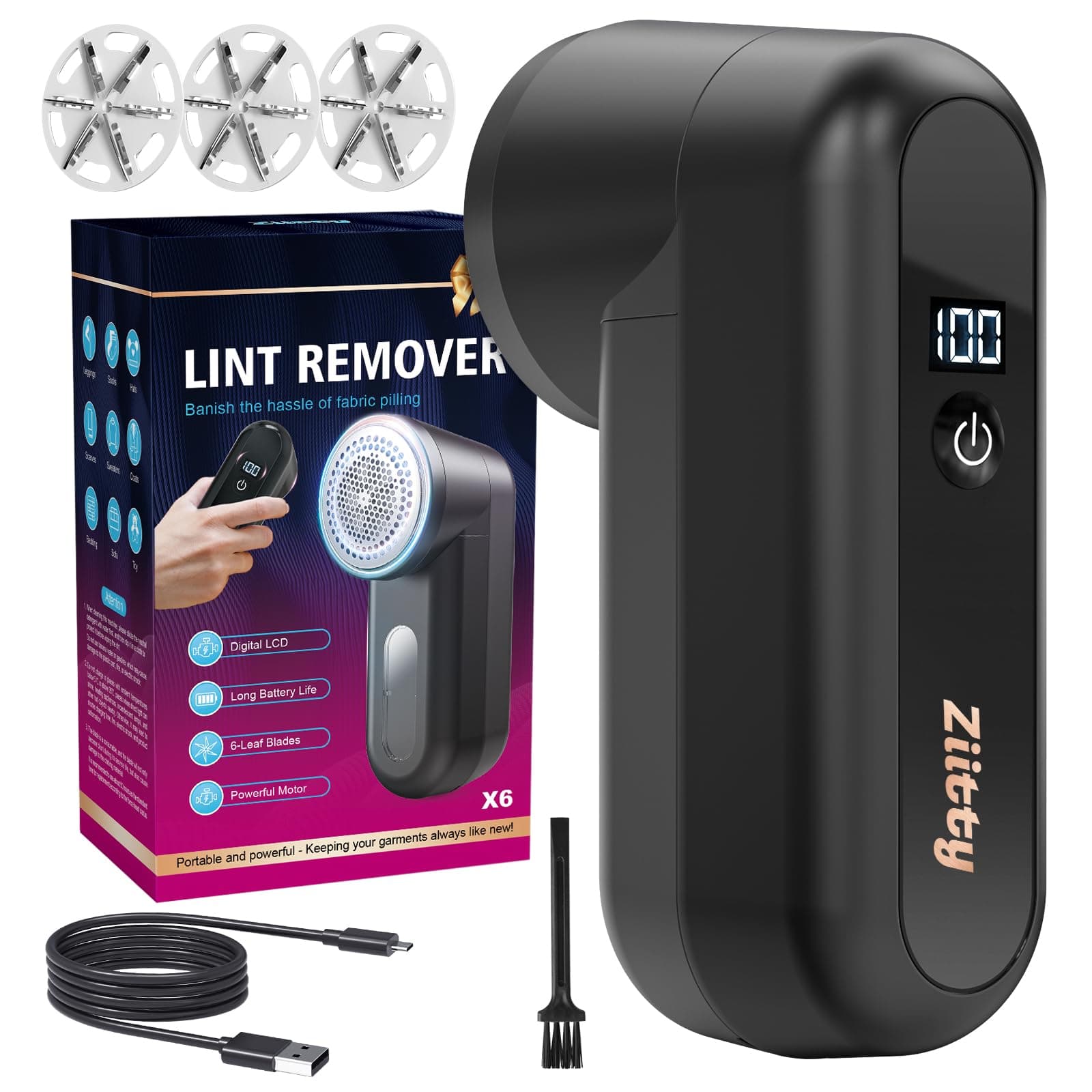 Ziitty Rasoir Anti Bouloche Électrique Écran LCD, Rechargeable Câble Type-C, 3 Niveaux de Puissance Réglables, Tête à 6 Lames Fraise à Peluches, Idéal Vêtements Canapés Couvertures Rideaux Noir