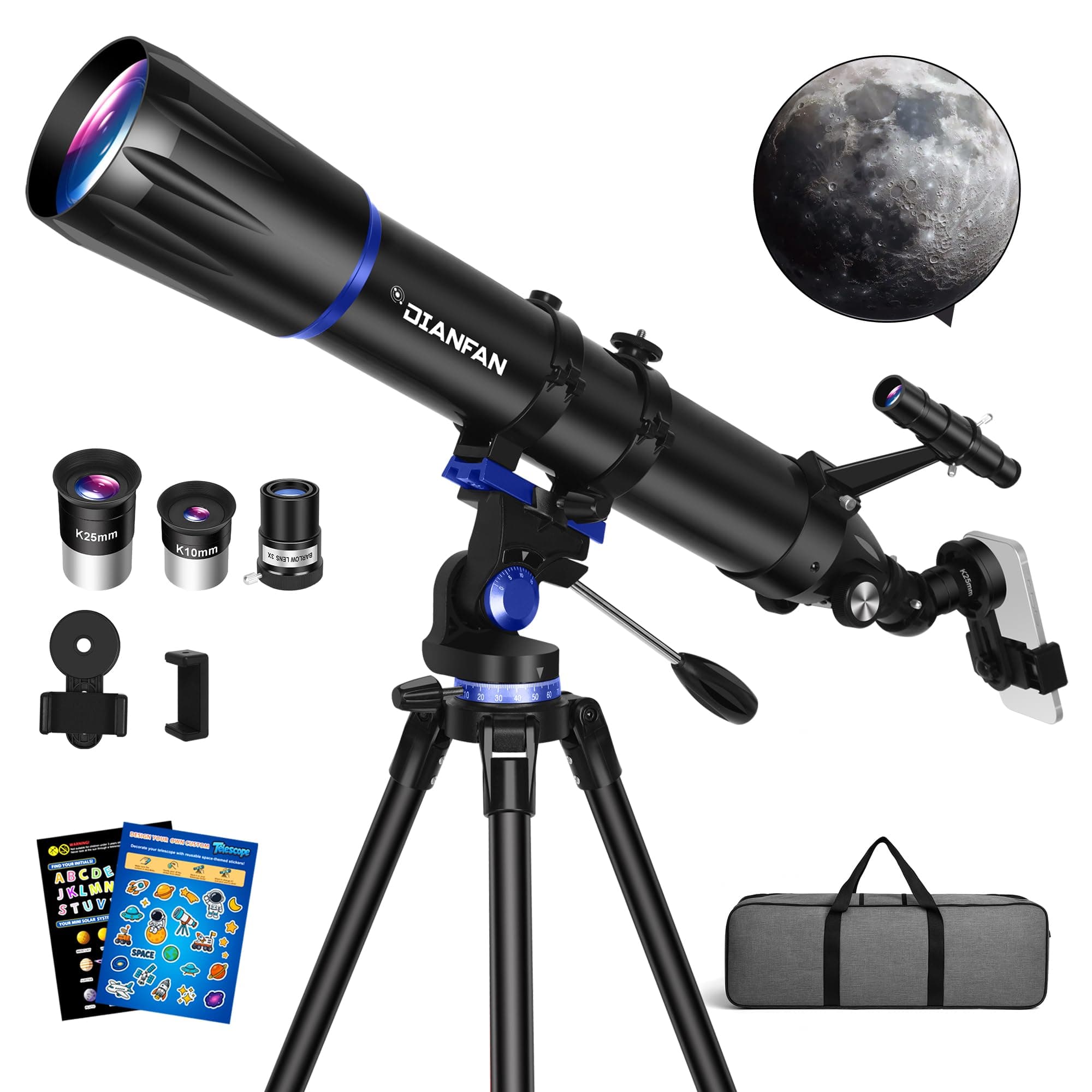 Dianfan Télescope,90 mm Ouverture 800 mm Télescope Astronomique Professionnel pour Adultes, Portable Telescope pour Débutants et Enfants, Optique Multicouche, avec Trépied, Sac et Autocollants