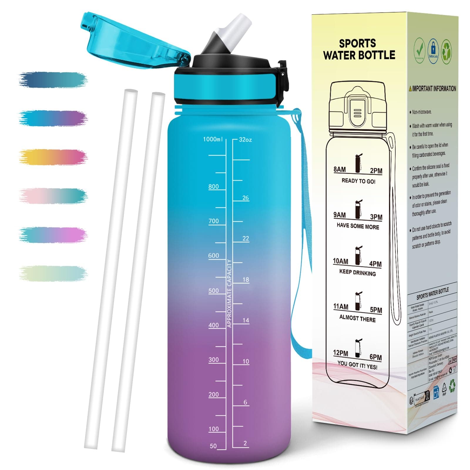 Mulbijeo Borraccia 1 Litro, Libre de BPA & Reutilizables, Borracce con Cannuccia, A Prova di Perdita, Borraccia Motivazionale, Portatile, Borracce Palestra per Scuola, Palestra, Ufficio, Festa