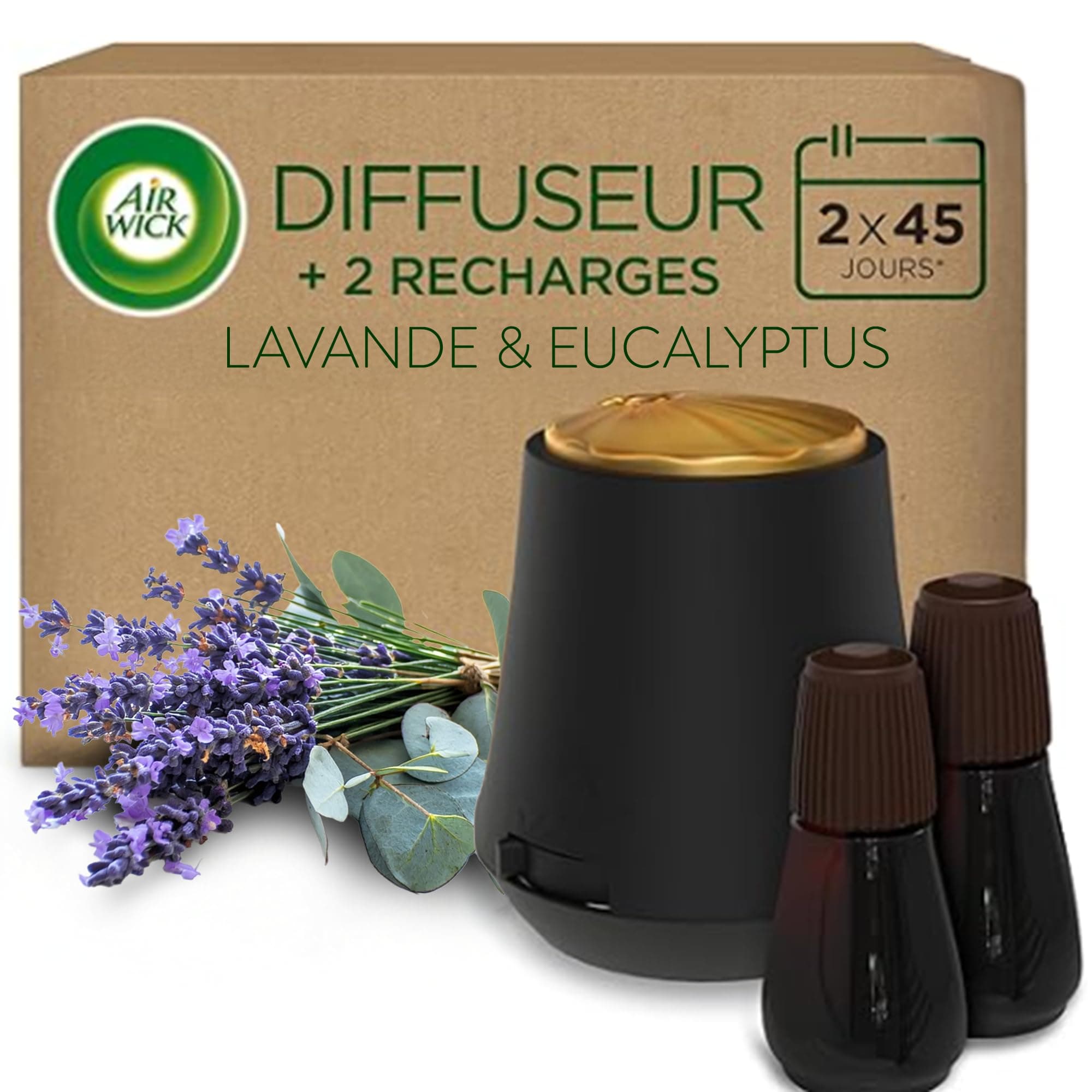 Air Wick Diffuseur d’huiles Essentielles Brume Parfumée+ 2 Recharges 20 ml Parfum Lavande et Eucalyptus