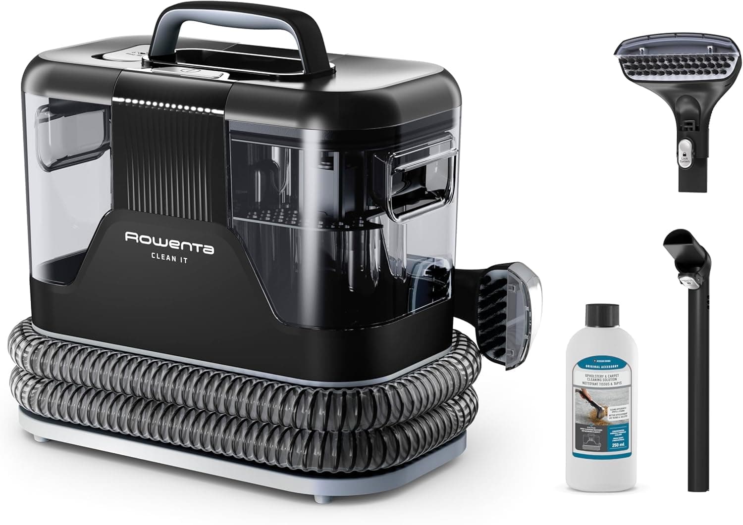 Rowenta Clean It – Aspirador de tapicerías + 2 botellas de solución (250 ml + 1 L), eliminación rápida de derrames y suciedad, ideal para hogares con animales, potencia de 750 W, IN5020F0MAN