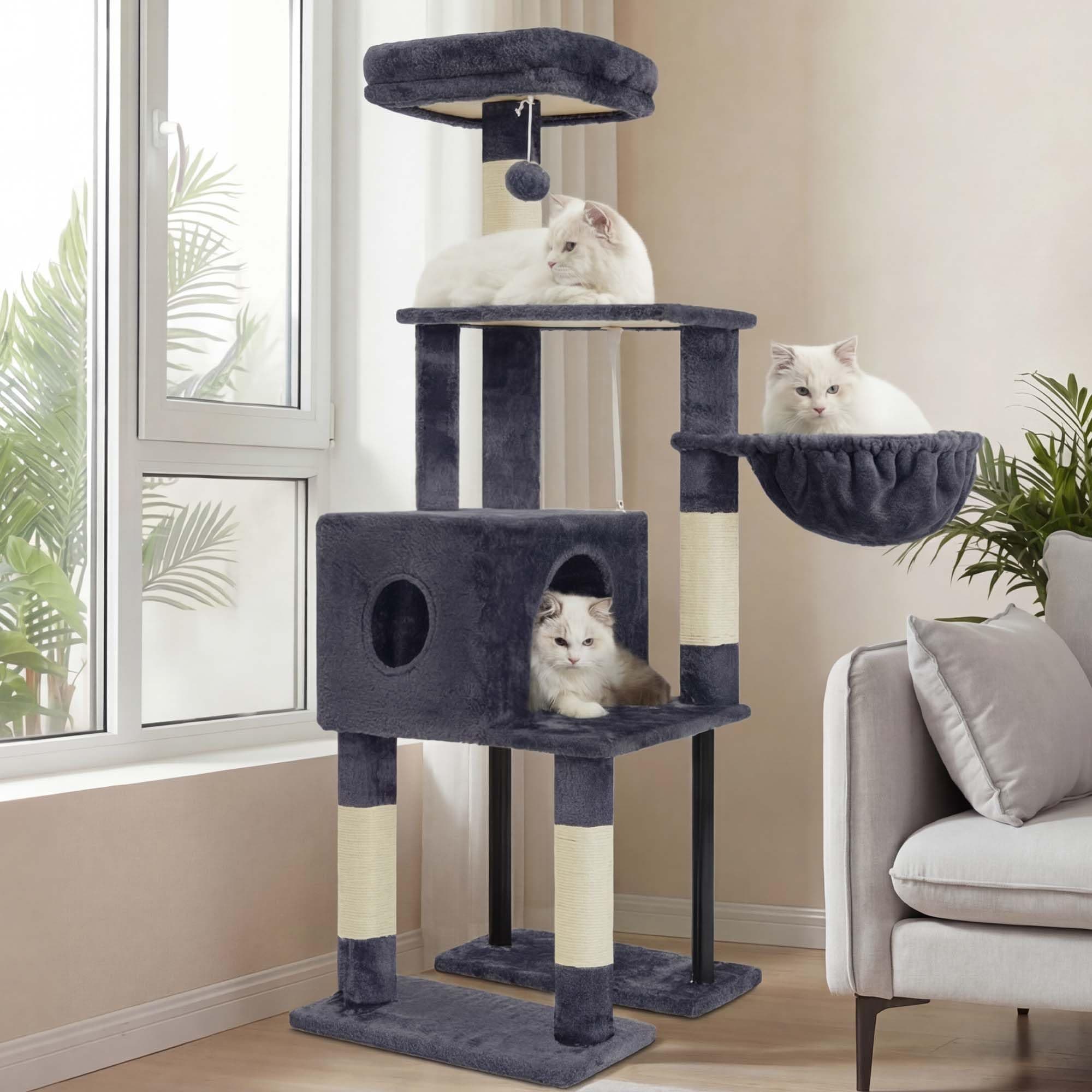 Heybly Rascador para Gatos, Árbol para Gatos De 125 Cm, Torre De Gato Espaciosa Y Cómoda con Guarida, Dos Grandes Plataformas, Cesta, Robustos Tubos De Acero, Gris Ahumado HCT200SG-