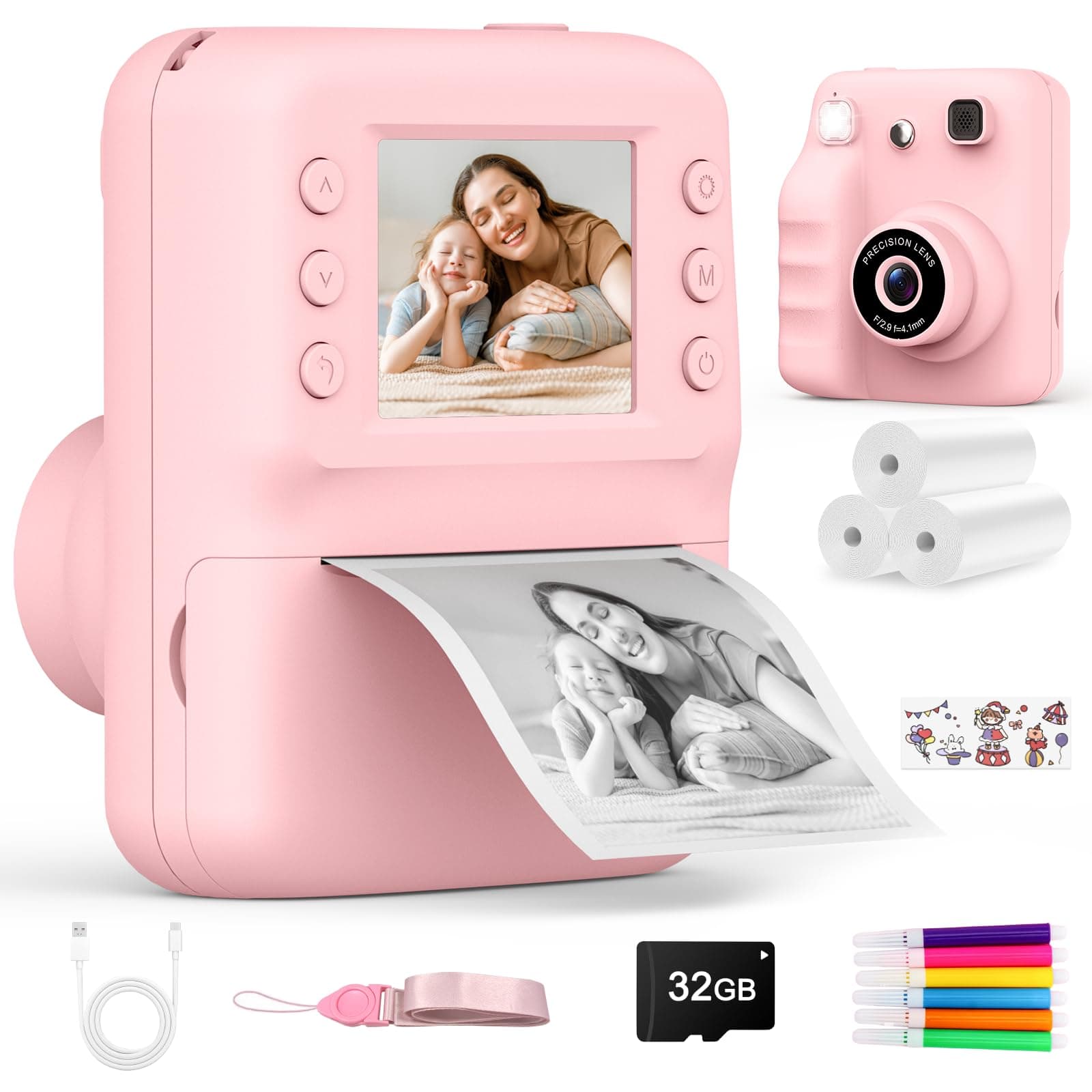 Appareil Photo Instantané Enfant, Appareil Photo Enfant avec Papier d’Impression & Carte 32GB, Écran 2.4'' HD, Vidéo 1080P, Selfie & Jeux, Cadeau Noël Anniversaire pour Filles Garçons 3 à 12 Ans