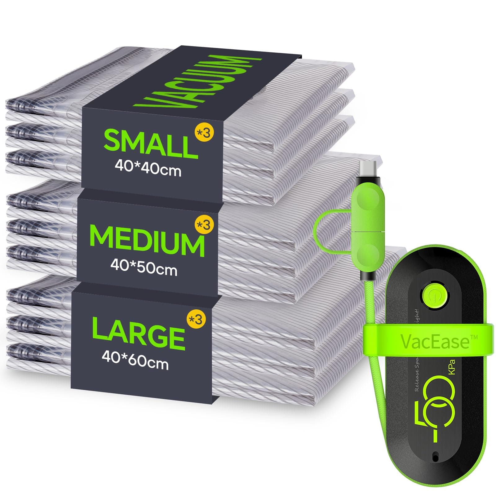 Vacbird Bolsa de Vacío Ropa Con Bomba EléCtrica, 9 Bolsas Para Guardar Ropa (3 Grandes, 3 Medianas, 3 PequeñAs), Reutilizables Para Mudanzas ArtíCulos De Viaje Y Almacenamiento diario