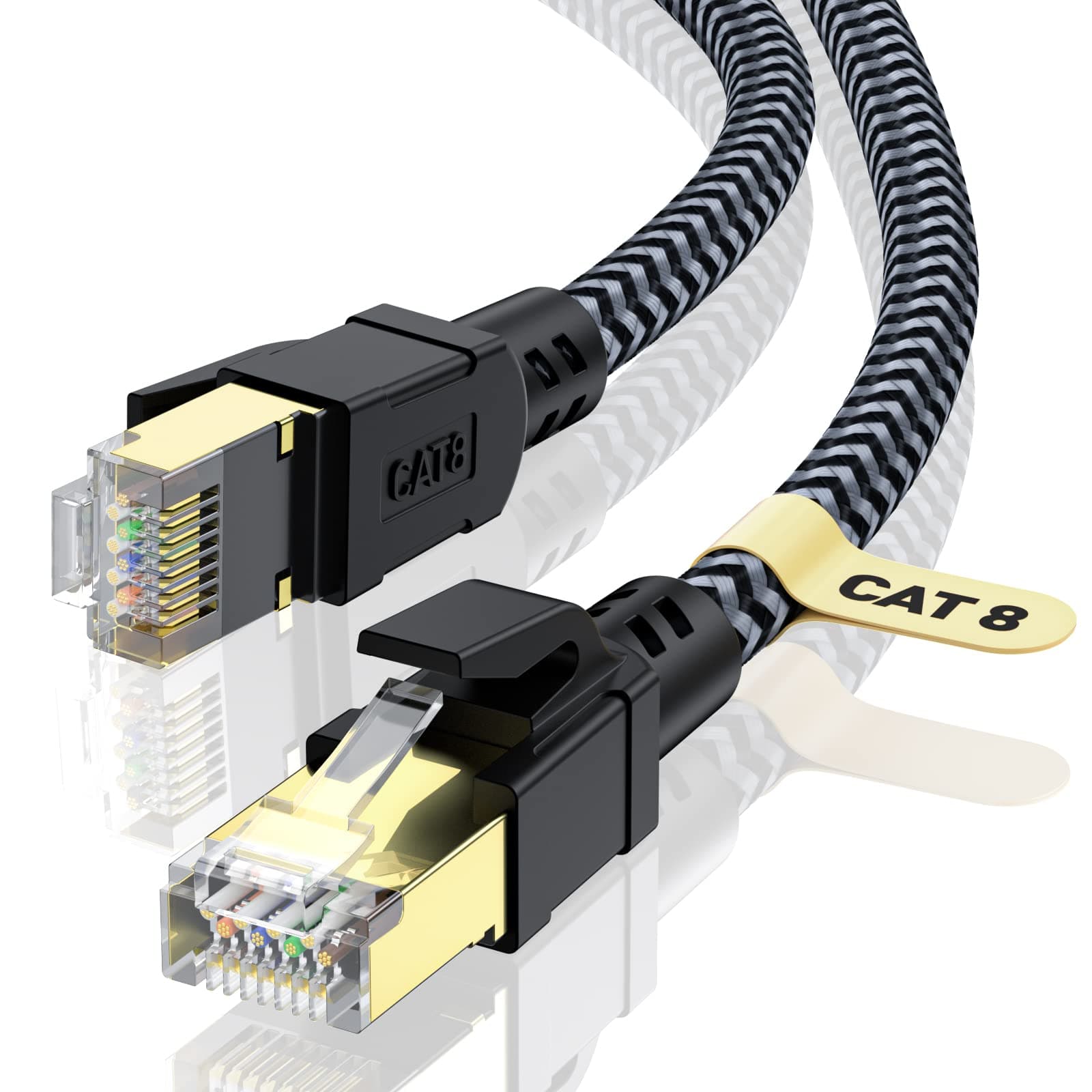 CABNEER Câble Ethernet 6M, RJ45 Cat 8 Câble Réseau 40Gbps 2000MHz Haut Débit Câble, Nylon Tressé Double Blindage LAN Câble Internet, Compatible avec Routeur Modem TV