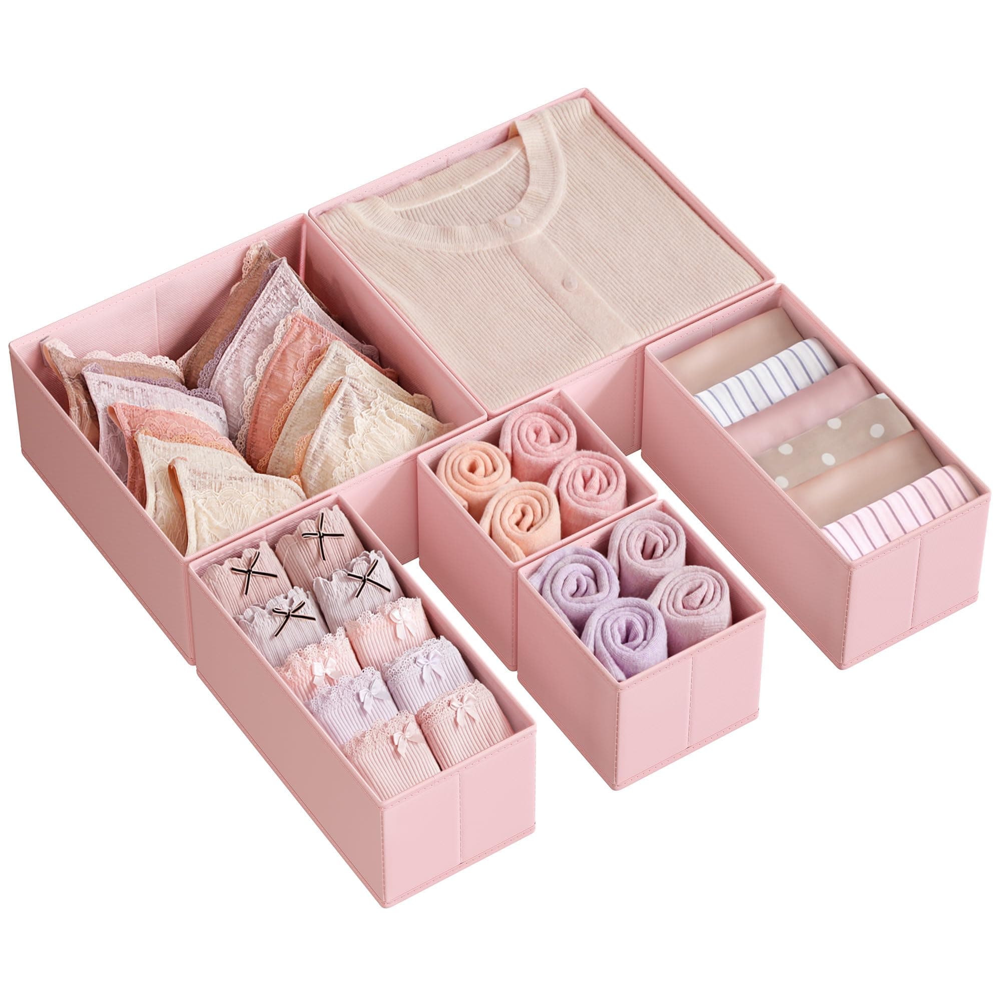 SONGMICS Aufbewahrungsbox für Schublade, 6er Set, Schubladen Organizer, Faltbox, Unterwäsche Organizer, Stoffbox für Socken, Unterwäsche, BHs, Krawatten und Schals, pastellrosa RDZ06PK