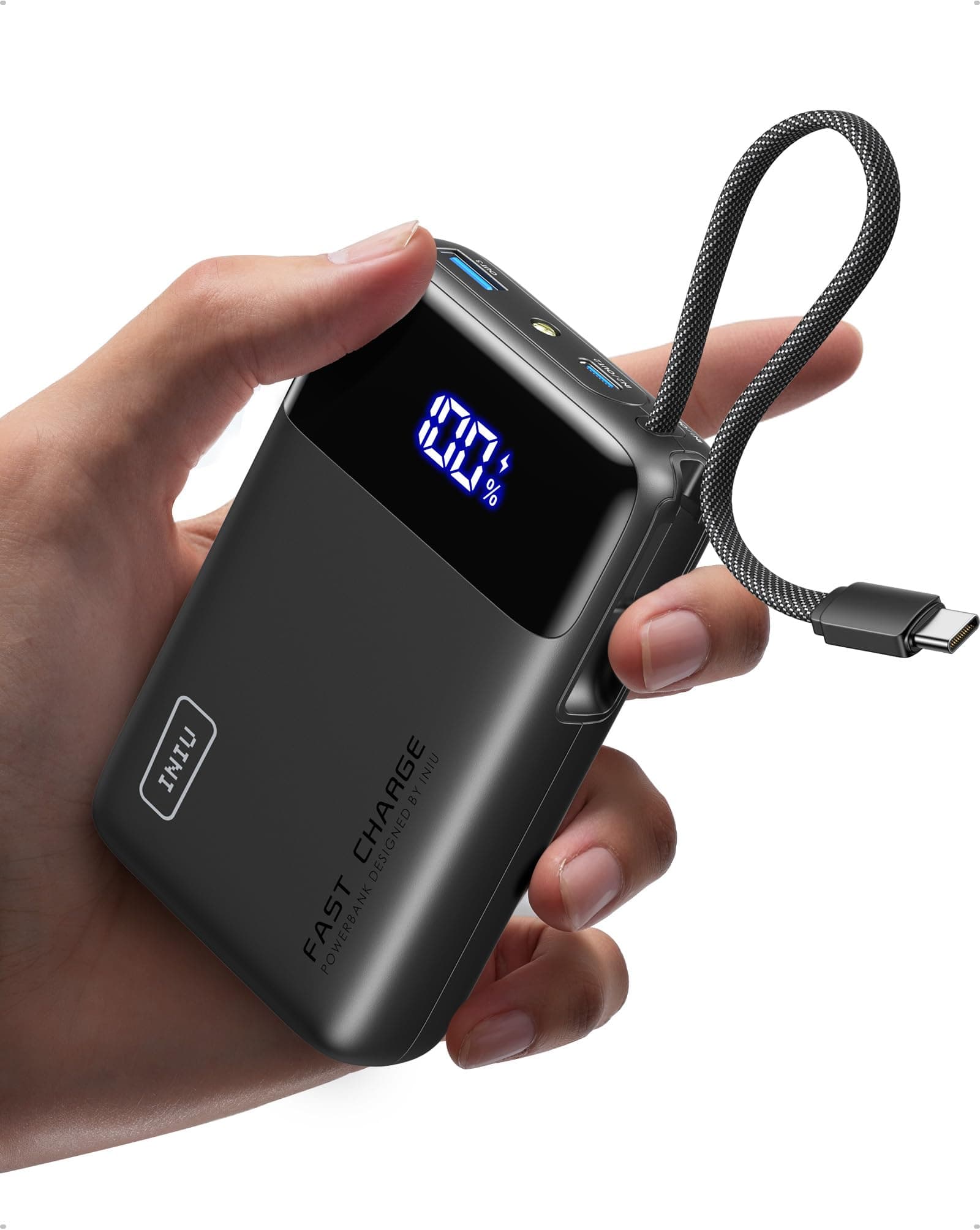 INIU Batterie Externe, Petit 20000mAh 45W Charge Rapide Voyage Power Bank | Avec USB C Câbles Intégrés, Autorisé en Avion, Essentiels de Voyage, Portable pour iPhone 18 17 16, Samsung, Xiaomi etc