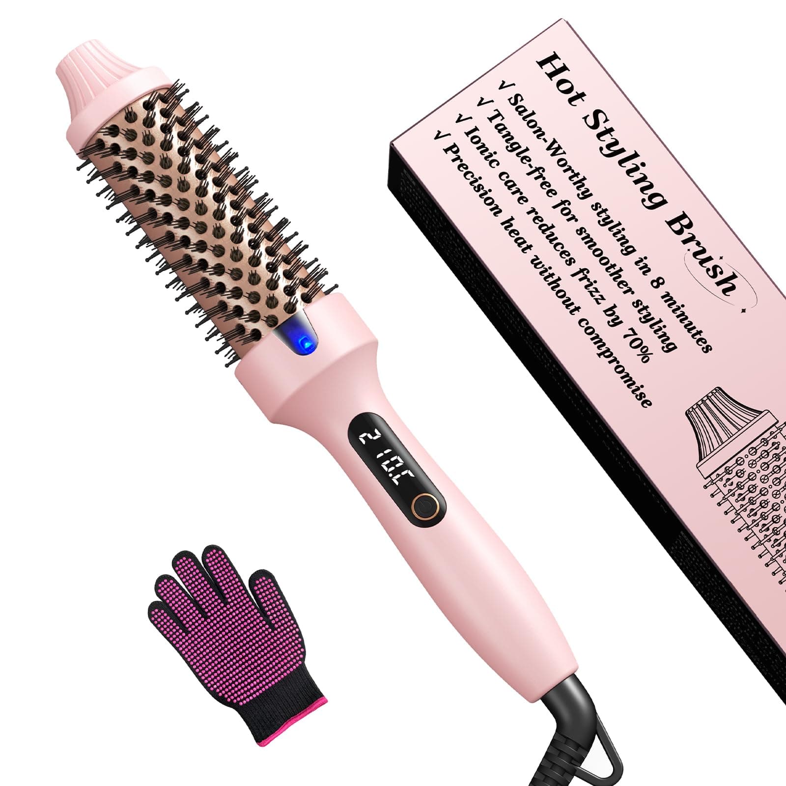 Haokoo Brosse Chauffante Ionique 38 mm – Lissage & Boucles, Volume, 6 Niveaux de Température, Chauffage Rapide (Rose)