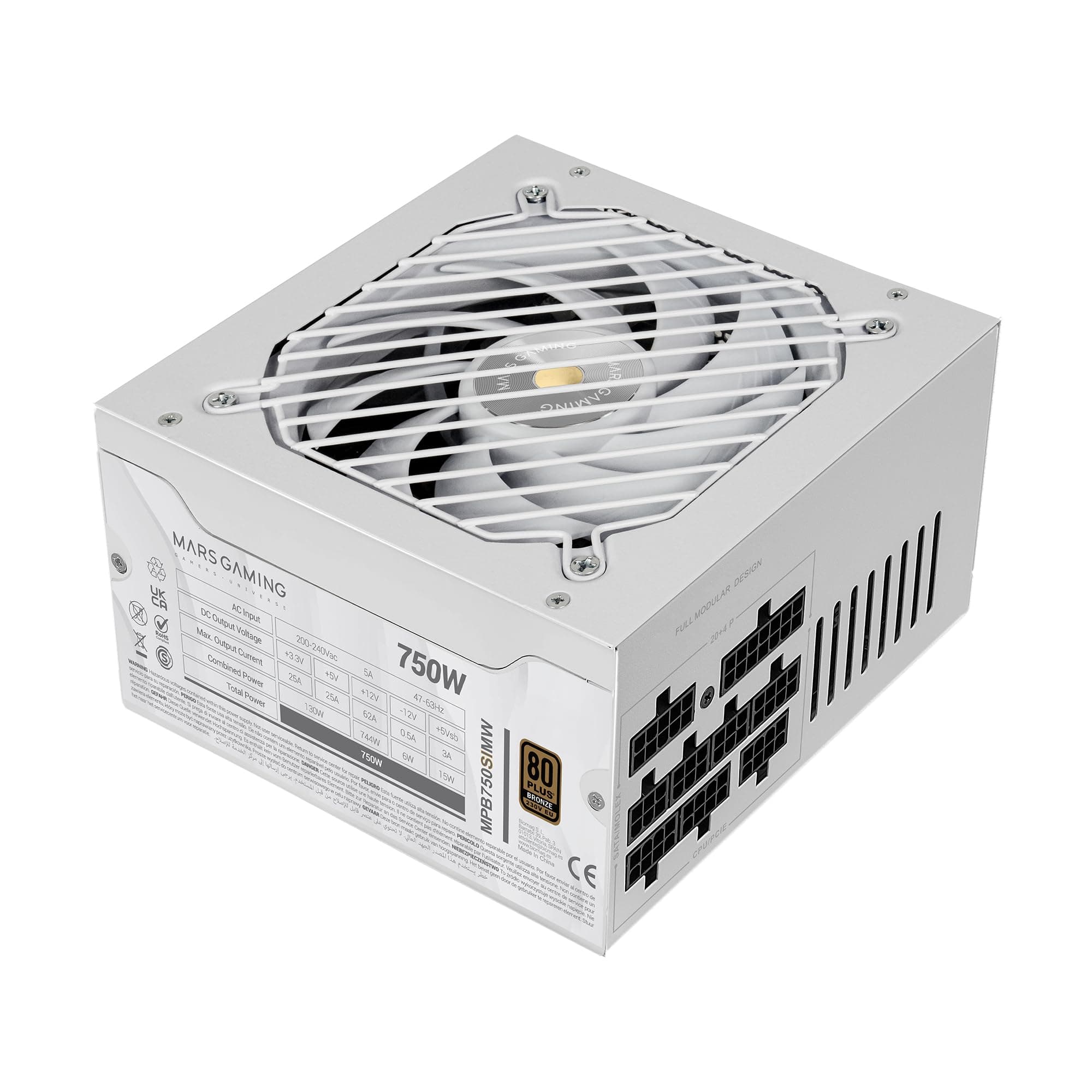 Mars Gaming MPB750SIM, Fuente Alimentación Full Modular ATX 750W, 7 Años Garantía, 80Plus Bronze 230V EU, 90% Eficiencia, Ventilador SI Extreme Silence 140mm, Tecnologías AI2-RPM, DC-DC y SMD, Blanco
