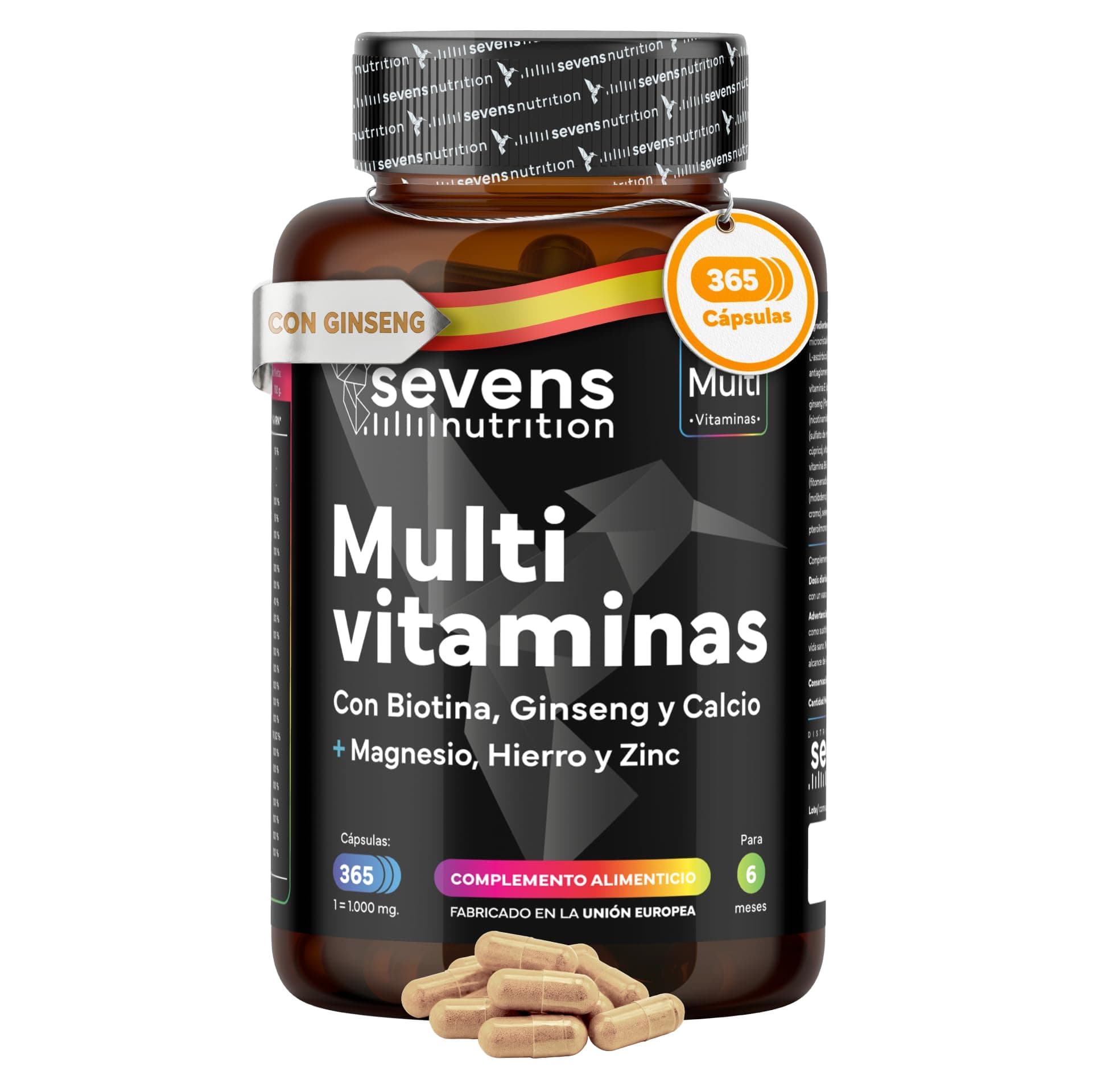 Vitaminas para el Cansancio con Magnesio y Ginseng - Multivitaminas para Hombre y Mujer - 365 Cápsulas para 6 Meses de Suministro - Complejo Multivitamínico Completo con Minerales y Ginseng - Sevens