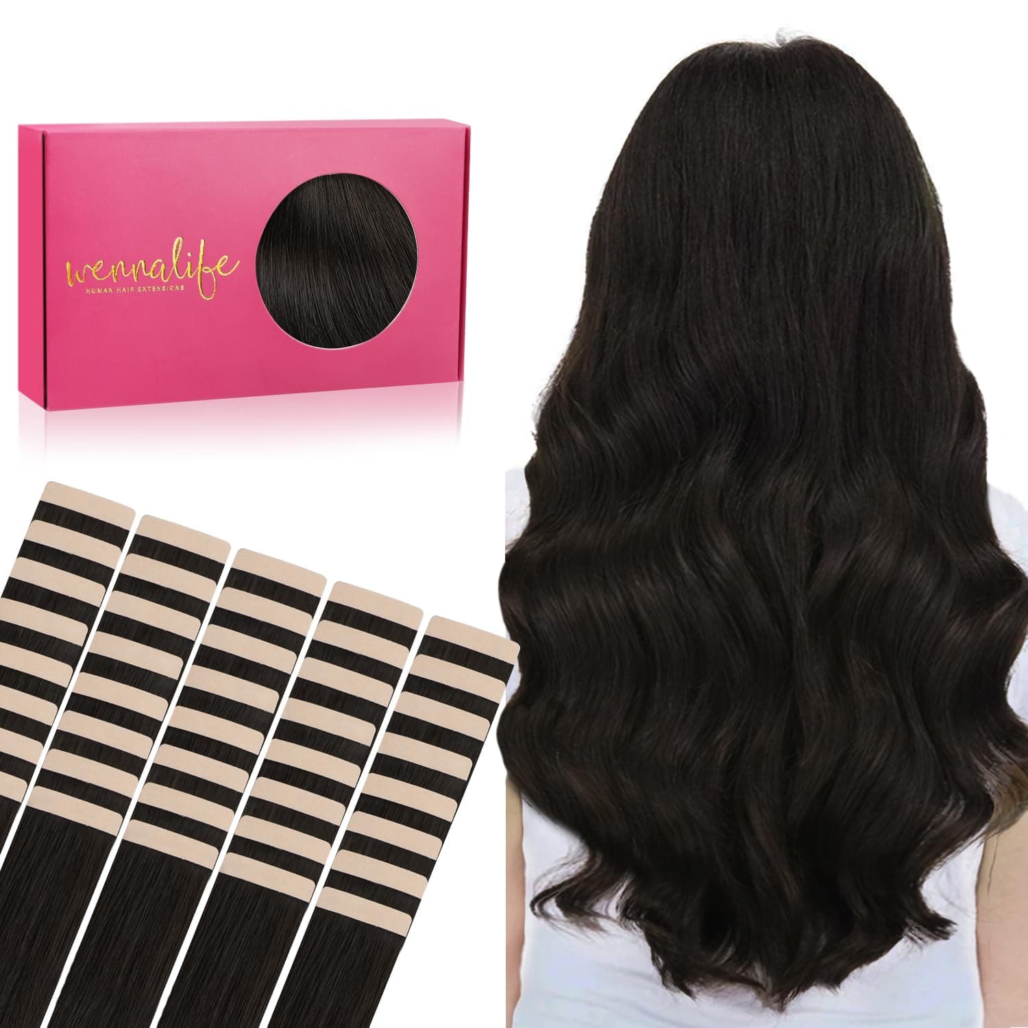 WENNALIFE Lot de 40 extensions de cheveux humains à bande adhésive - 100 g - 60 cm - Marron foncé - Bandes invisibles - Soyeux et droits