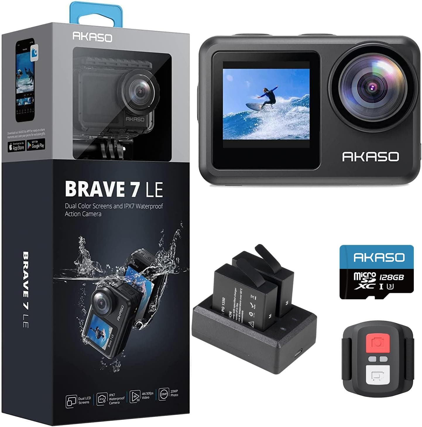 AKASO Brave 7 LE Cámara Deportiva 4k30FPS 20MP WiFi con Tarjeta de Memoria U3 de 128 GB, Cámara Acuatica Sumergible 40M IPX7, Resistente al Agua, EIS, Pantalla Táctil