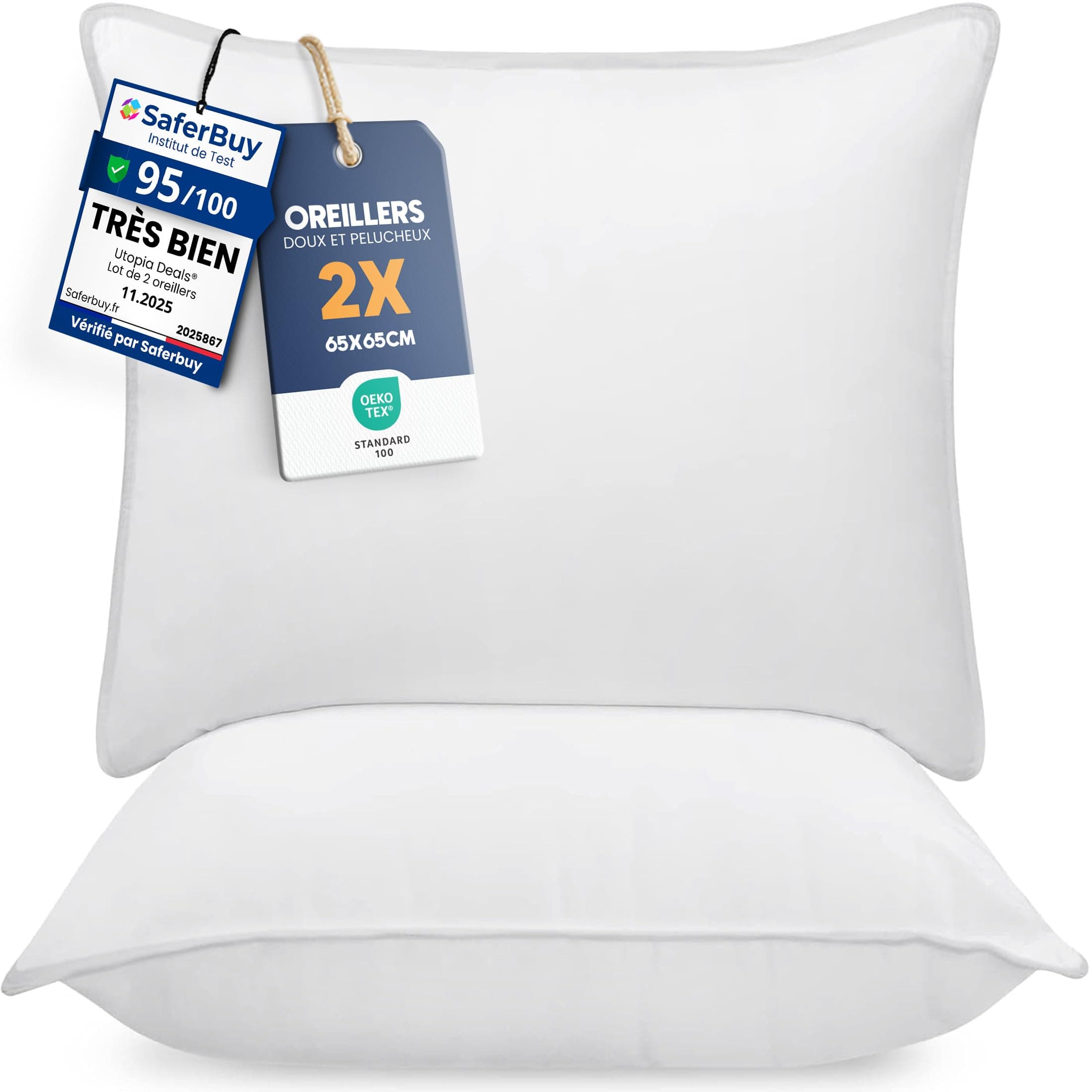 Utopia Bedding Pillow (Lot de 2), 65 x 65 cm, Oreiller de Sommeil, Coussin Respirant et Doux (Blanc)